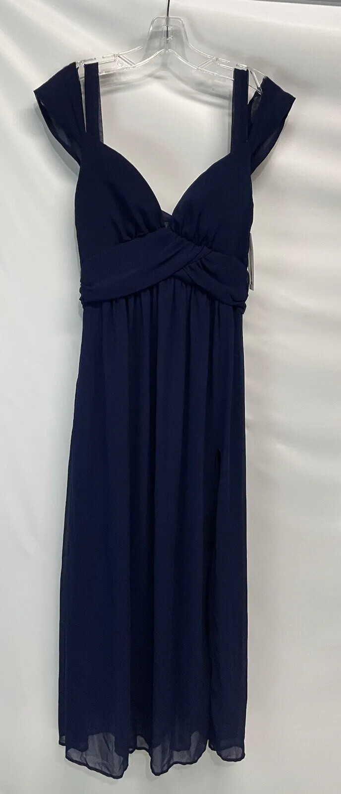 Haoduoyi Navy Blue Chiffon Maxi Dress Gown Deep Slit NEW M