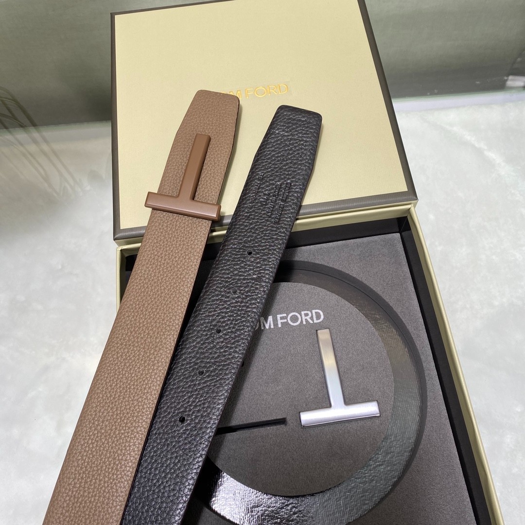 Tom Ford Mens T Logo Brown/Black Leather Dress Belt S.S. Buckle