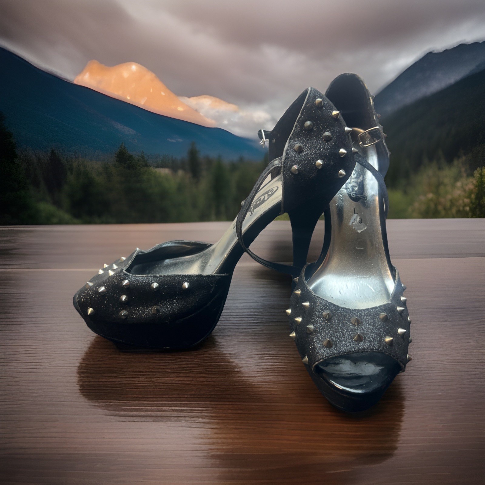 Rue 21 ect! Black Spiked Open Toe Stiletto 5.5″ Heels With Strap Size 8/9