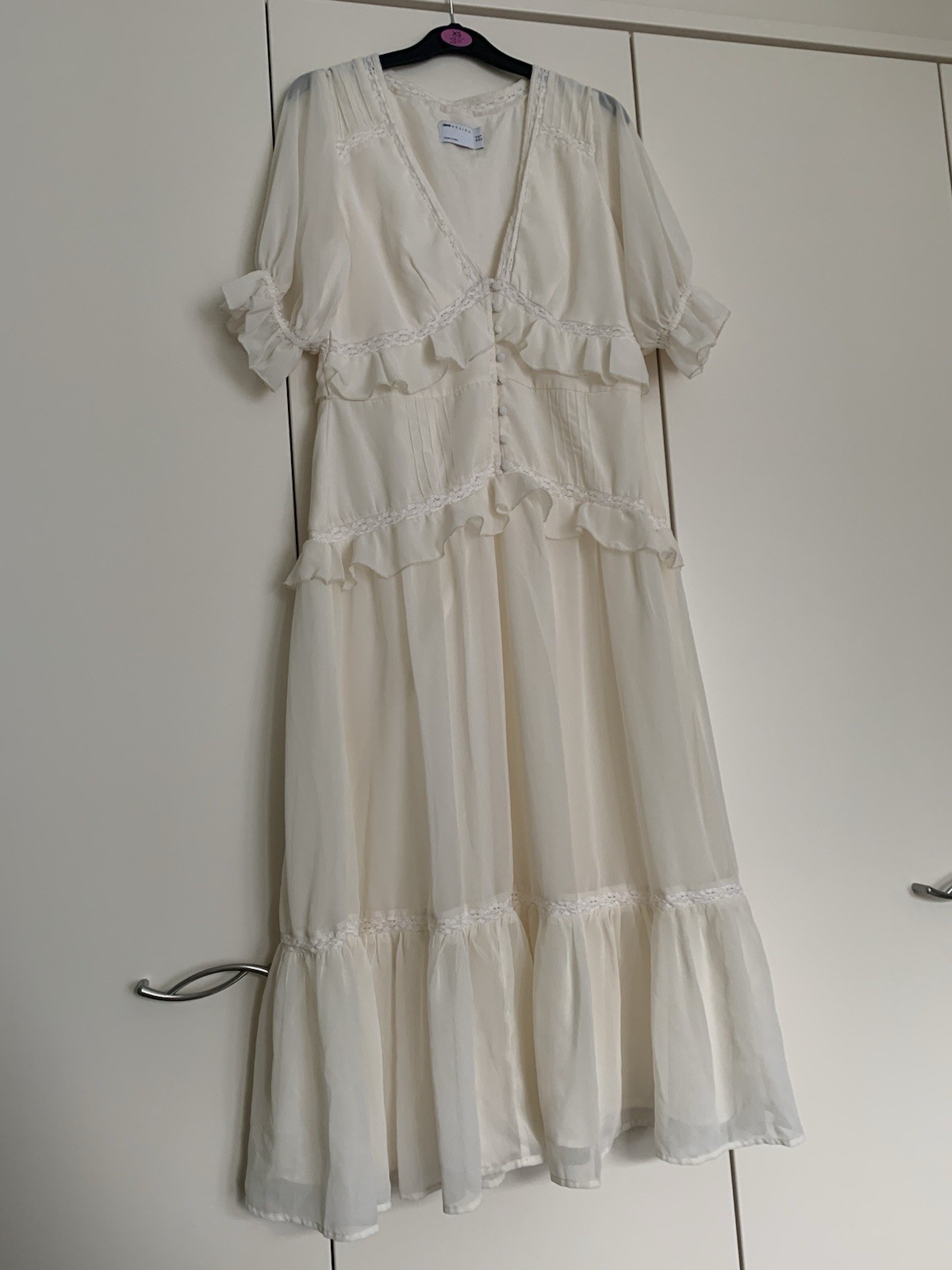 ASOS DESIGN button-through lace insert tiered midi dress in ivory – size 12
