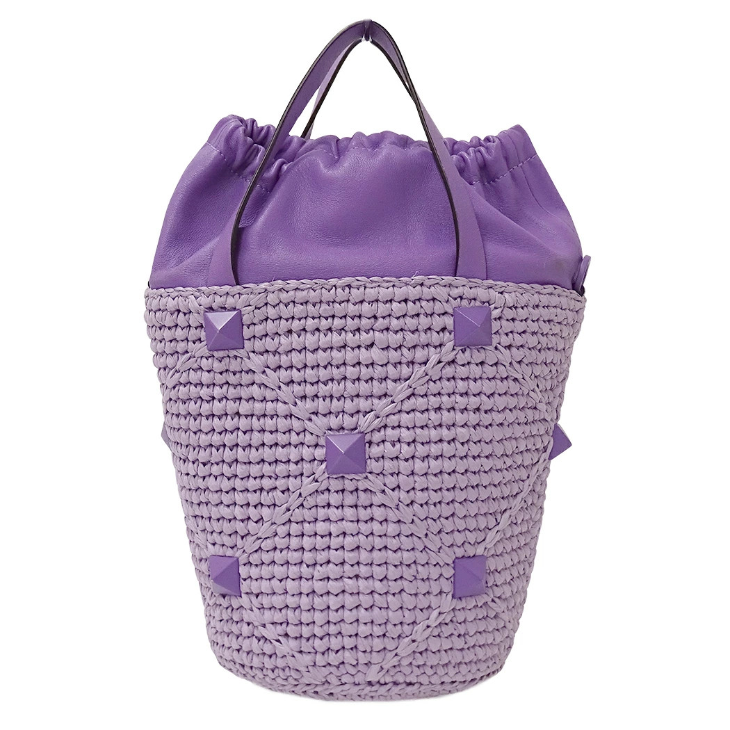 Valentino Garavani 2way Roman Studs Raffia Purple Basket Bag Women’s #BBB329