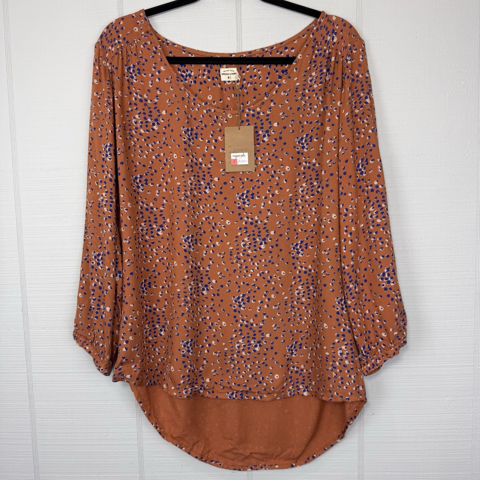 NWT Bridge & Burn Linn Top Blue Spotted Print High Low 3/4 Sleeves Loose Fit S