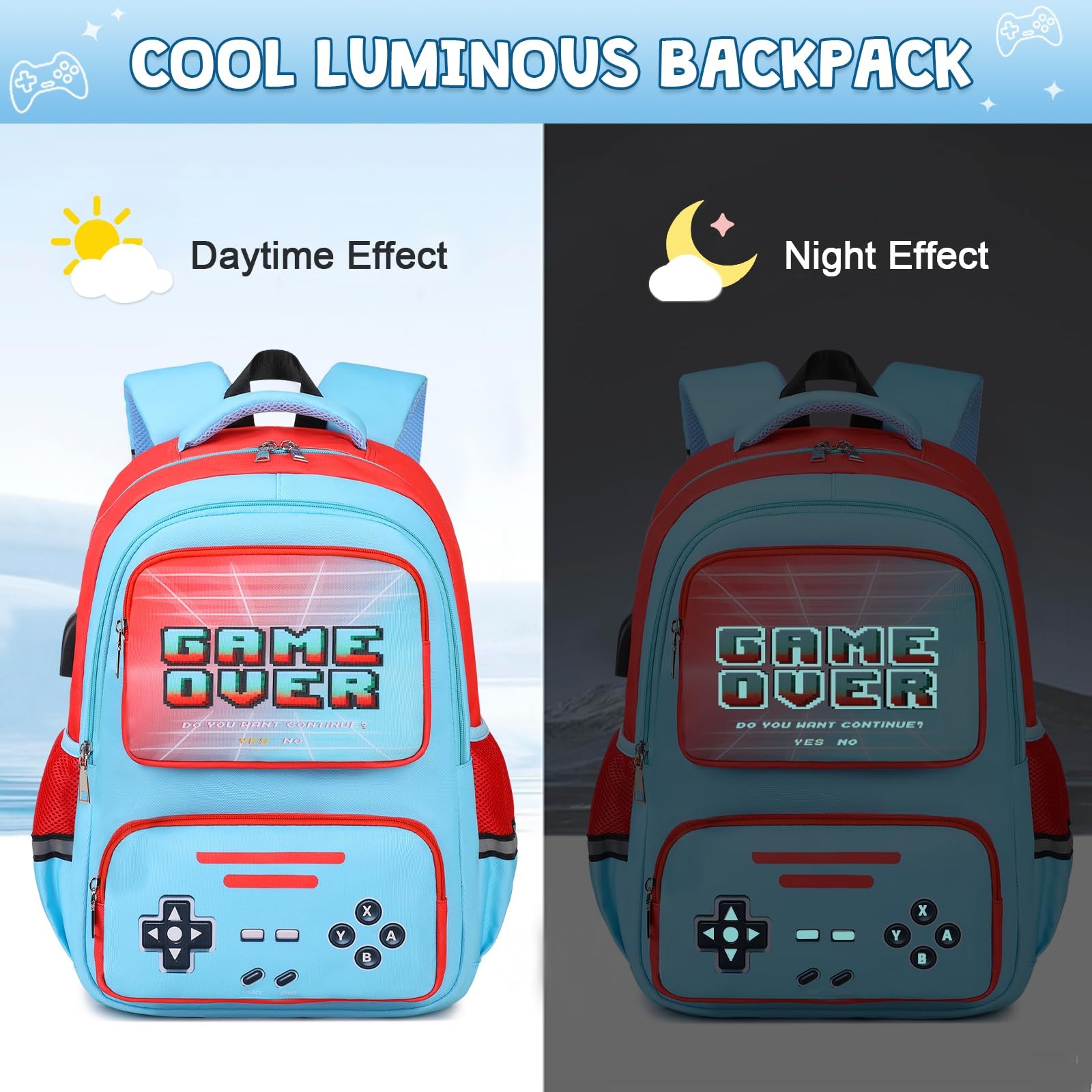 Gamer Backpack for Boys – Cool Luminous School Bag with Lunch Bag Pencil Case…