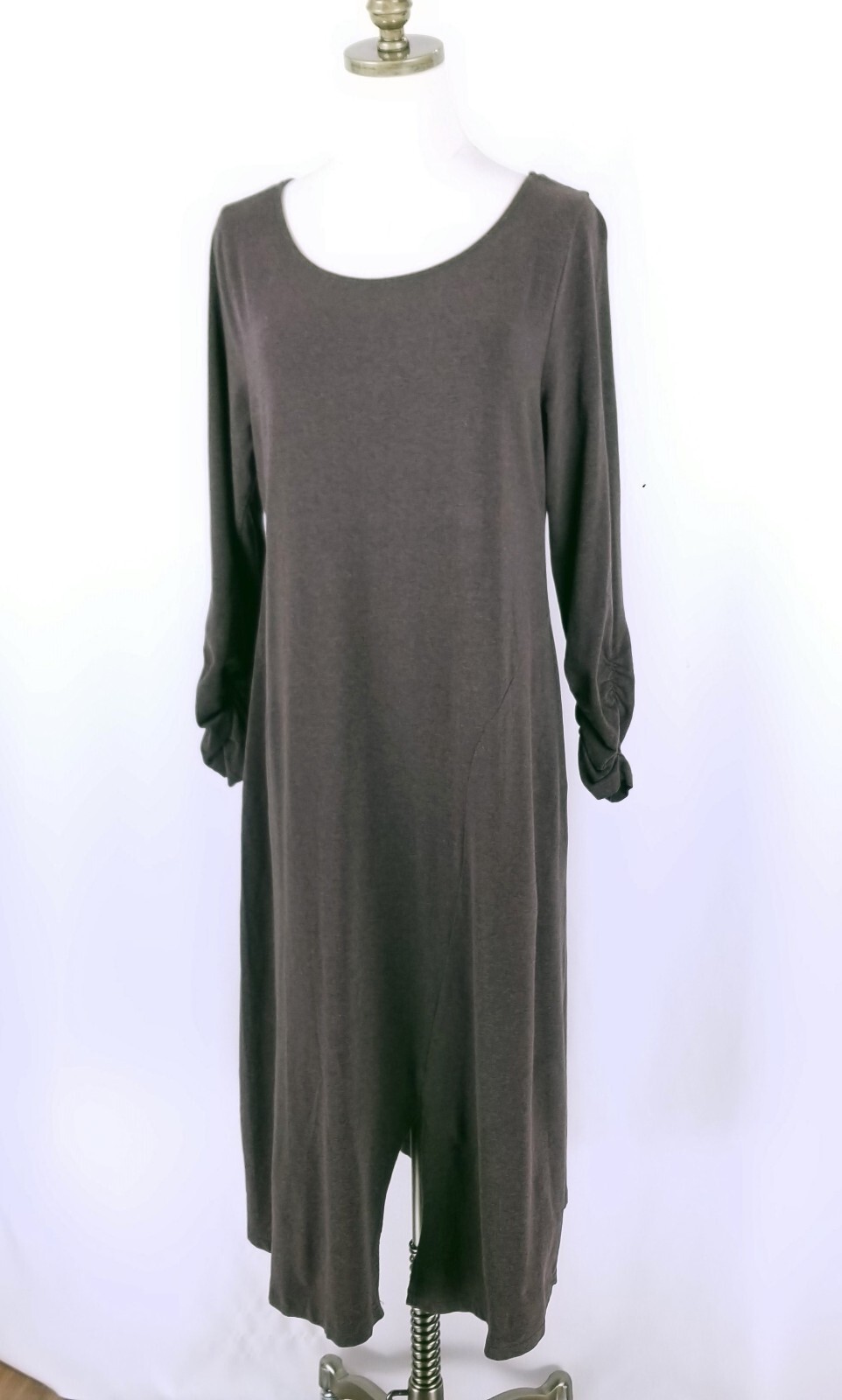 Soft Surroundings Long Sleeve T-Shirt Dress Size L Solid Brown Ruched Sleeve