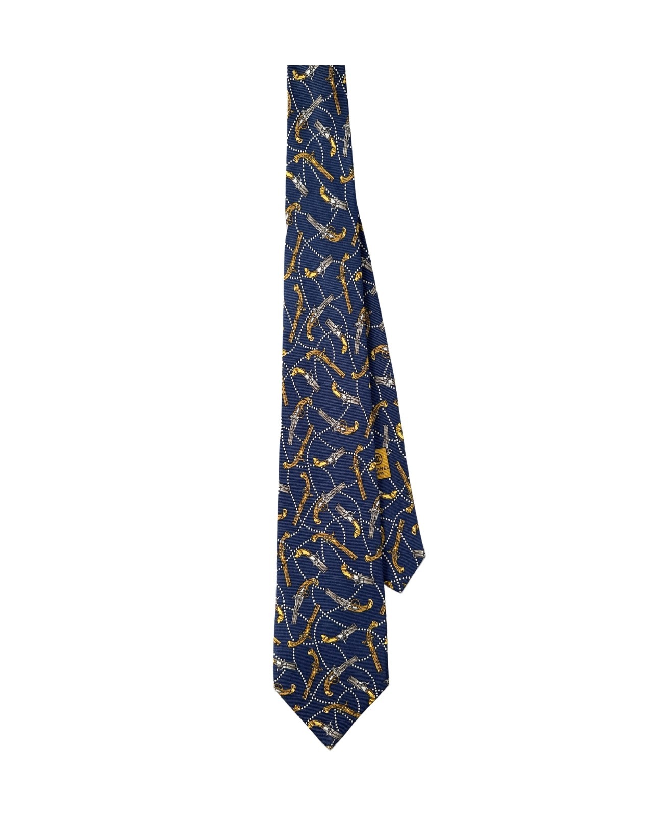 CHANEL Silk Tie Dark Blue with Gold Flintlock Pistol