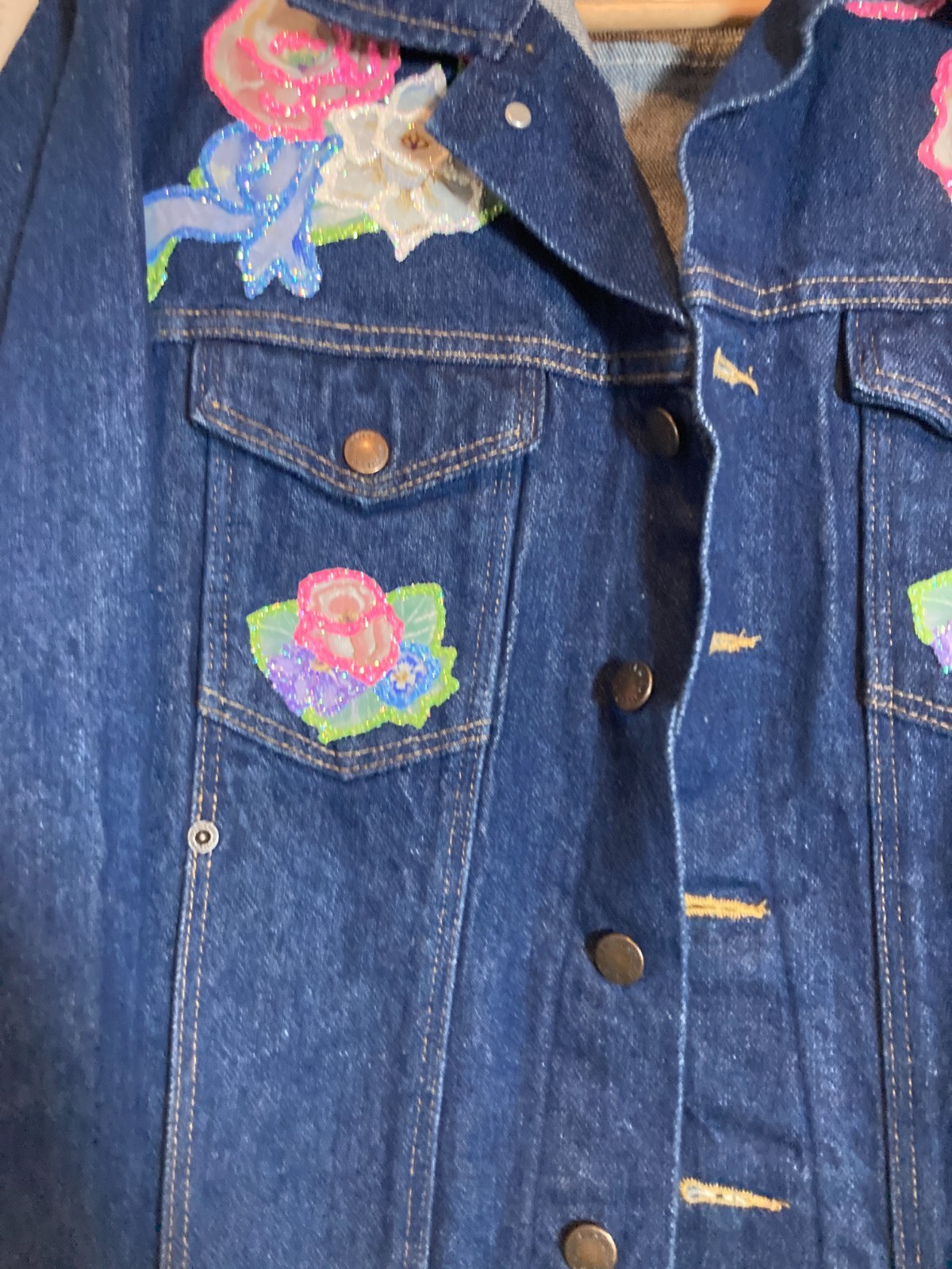 Vintage Rustler Jean Jacket Women Large Hand Painted Artsy Dark Wash 80’s Button