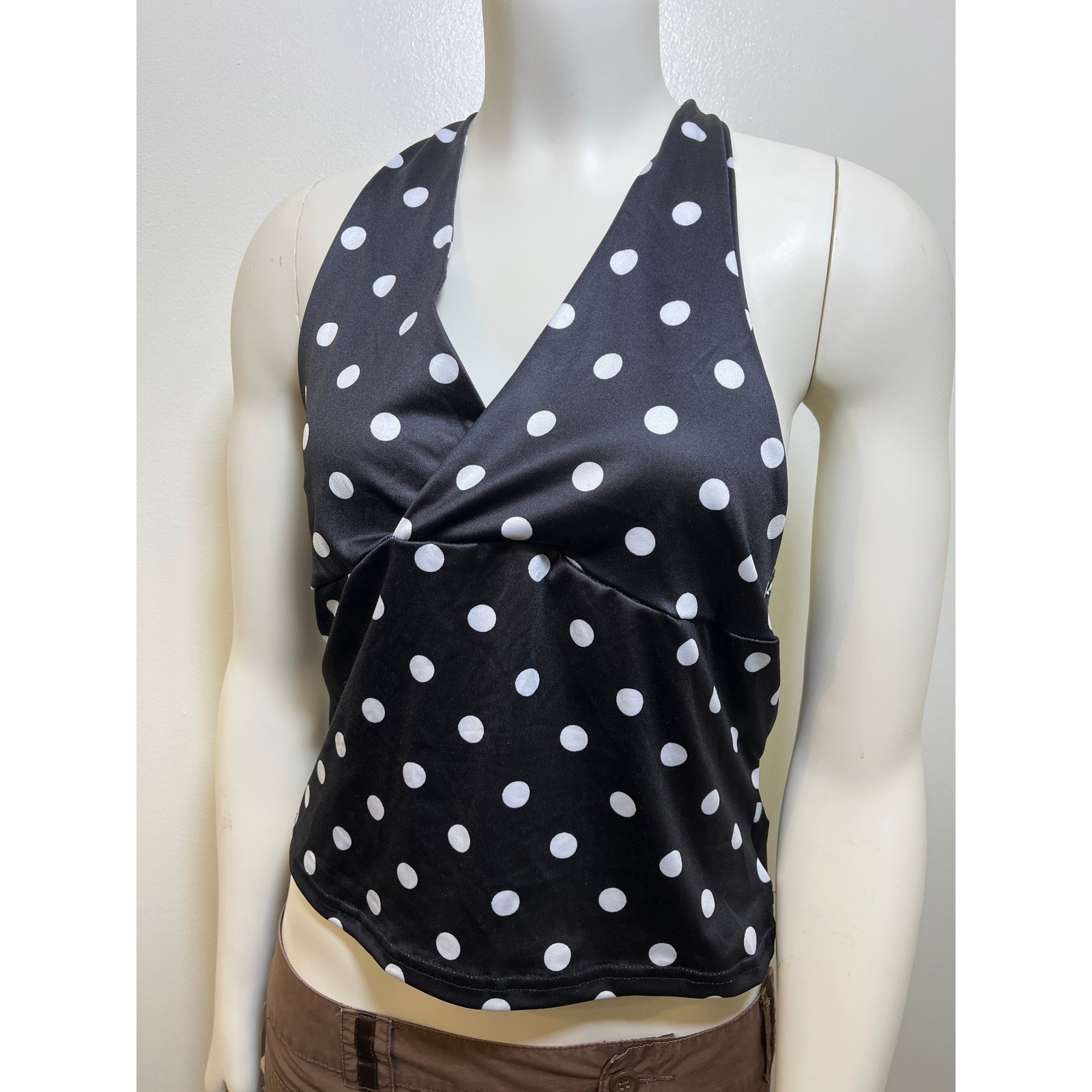 Black and White Polka Dot Halter Top Twist Front Surplice V-Neck Retro Blouse
