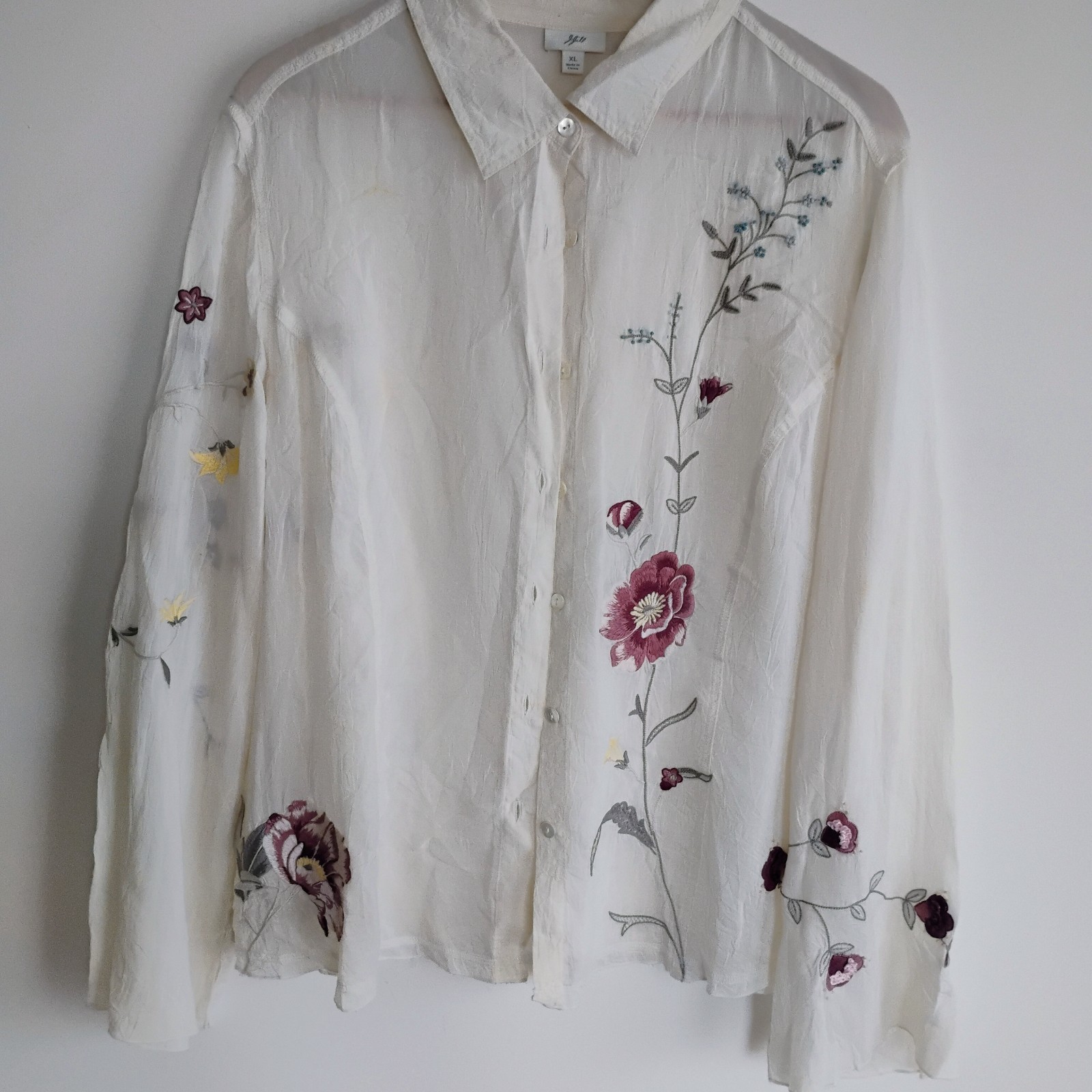 J Jill Floral Embroider Button Up Cream Boho Peasant Garden Top