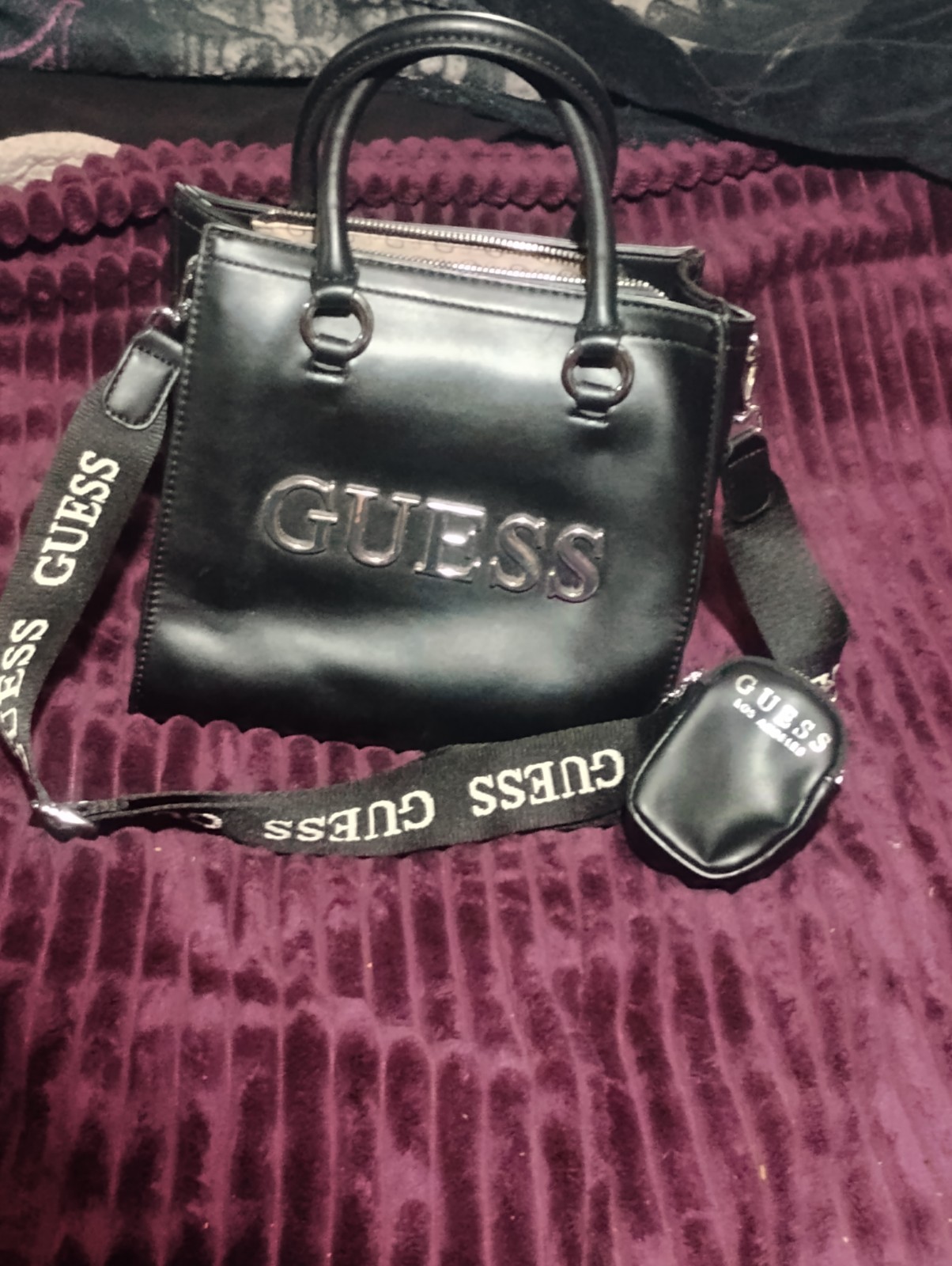 GUESS Black Logo Satchel Top Handle Bag w/ Detachable Strap + Coin Purse