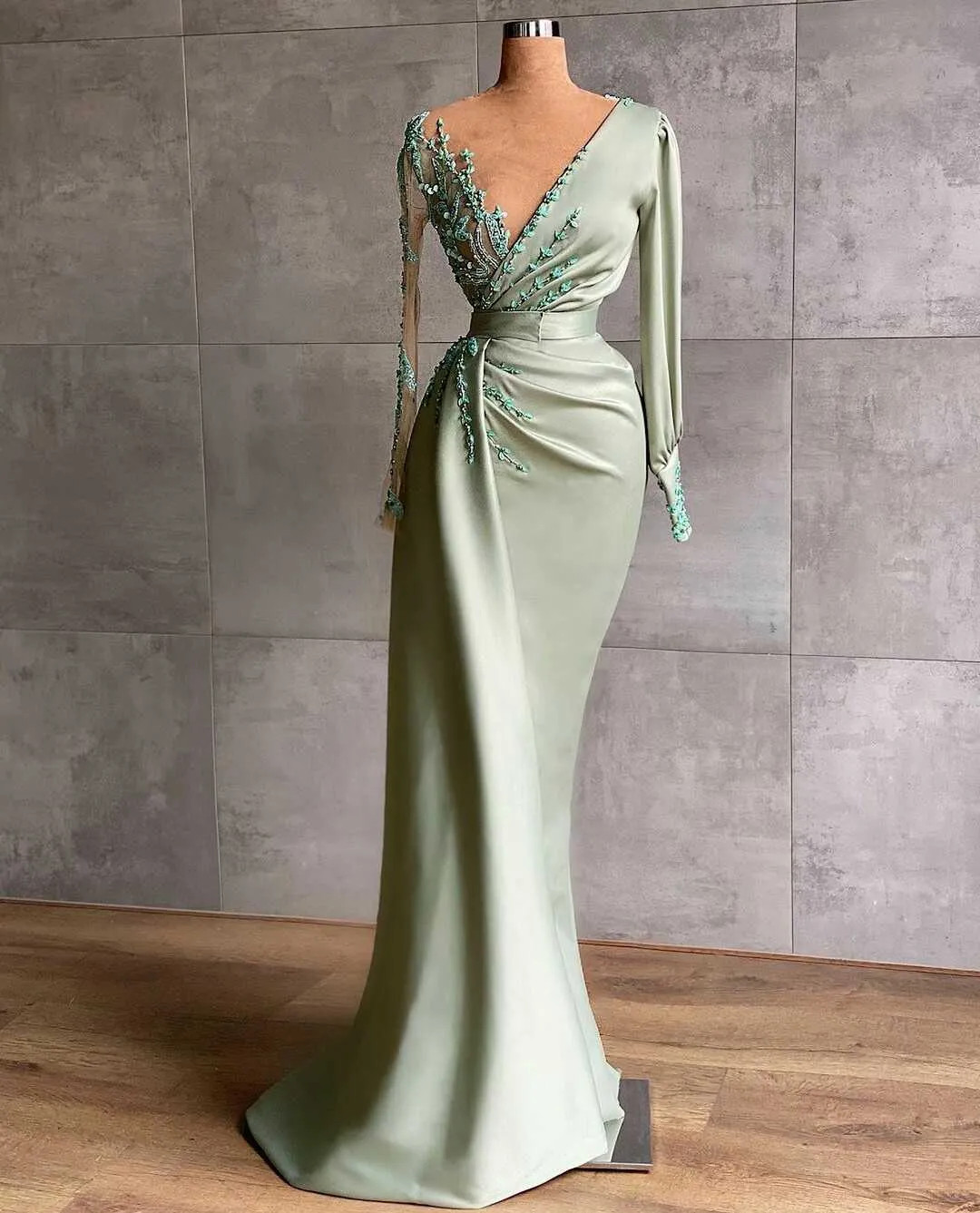 Beaded Evening Dresses Long Sleeve Mermaid Prom Dress Custom Made Women Formal