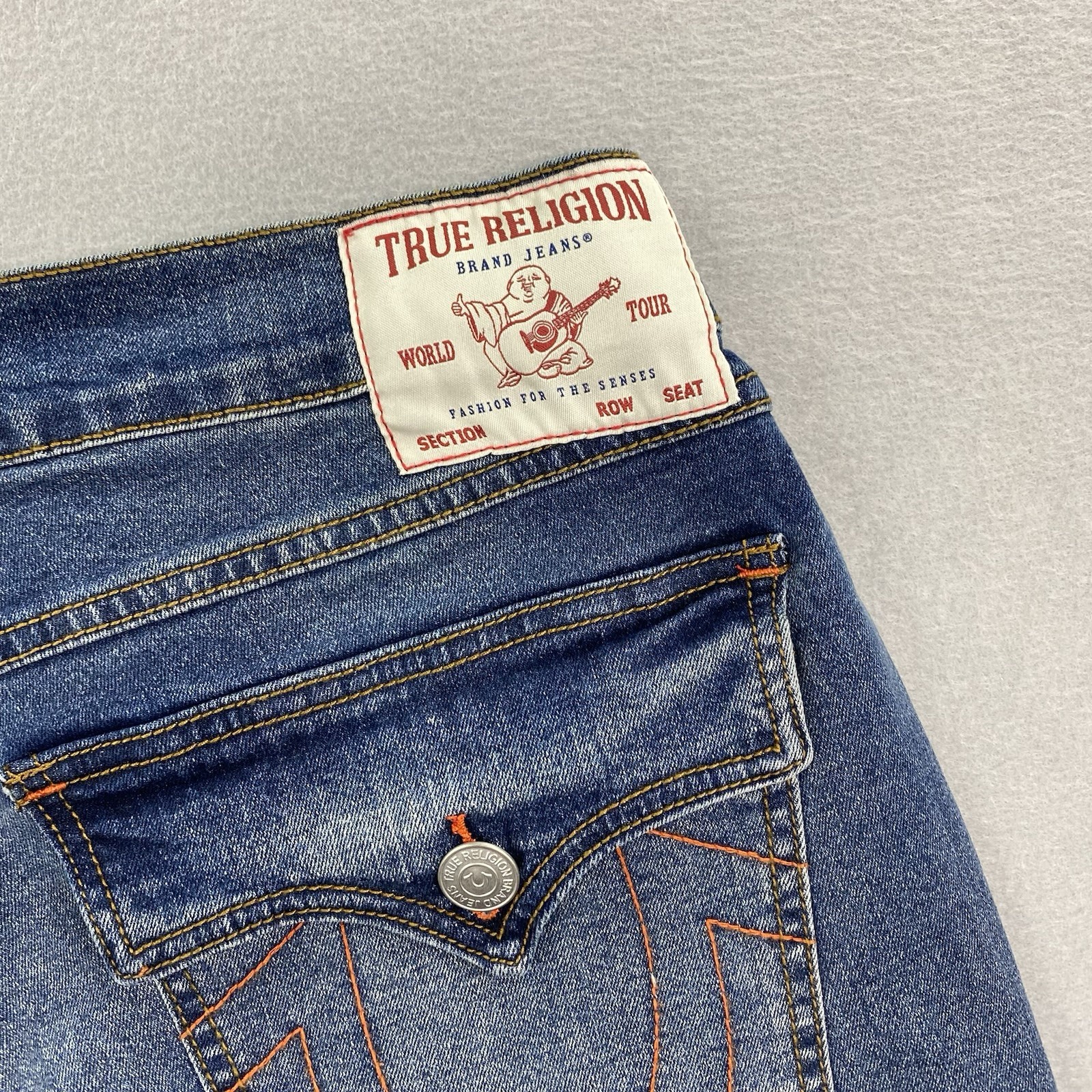 True Religion Jeans Mens 36×34 Blue Denim Ricky Relaxed Straight Flap Pockets