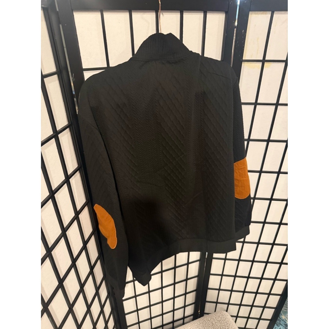 NWT Men’s Black Quarter Button Pullover Sweater L Textured Knit Elbow Patch