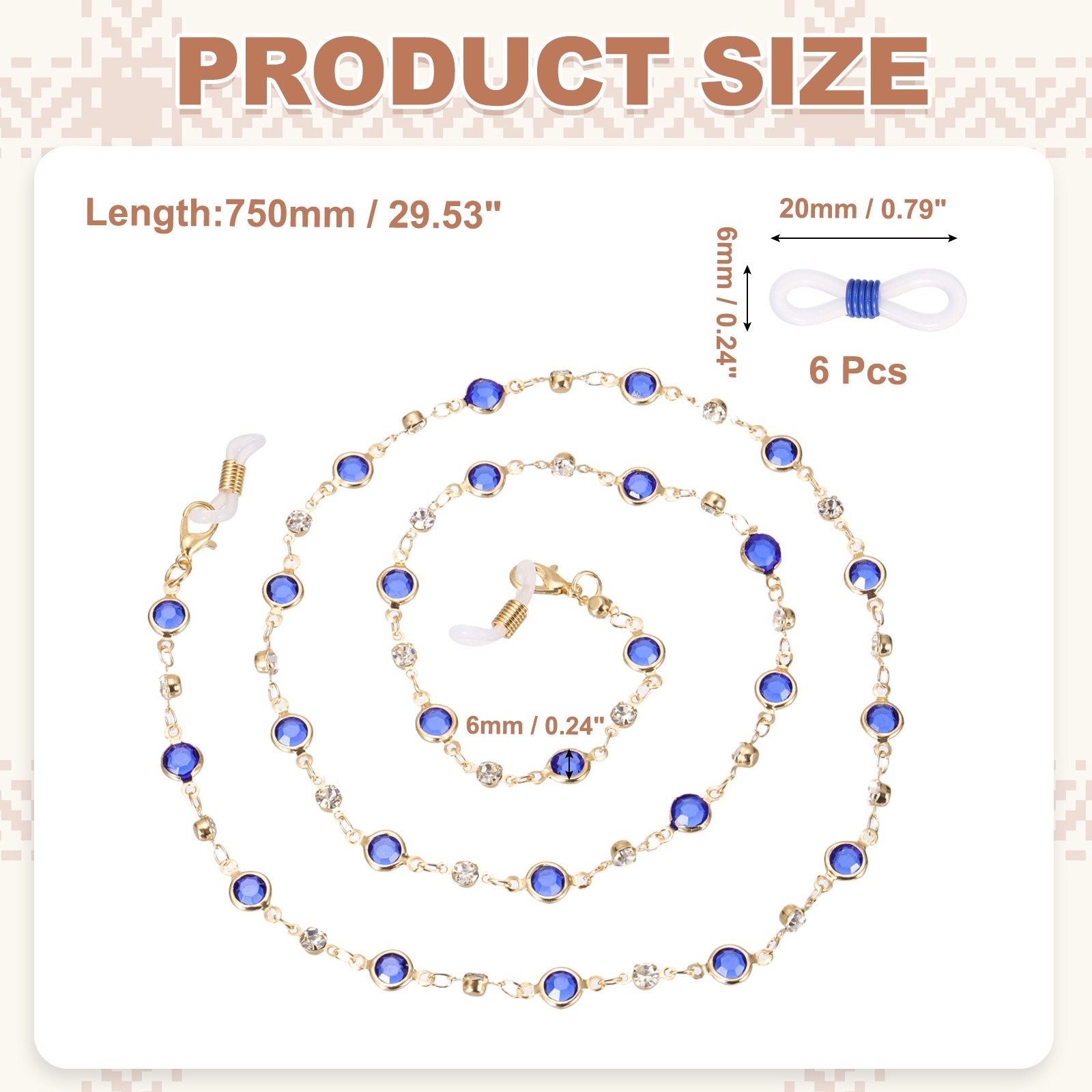Glasses Chain, 75cm Rhinestones Eyeglasses Strap with 6 End for Women, Dark Blue