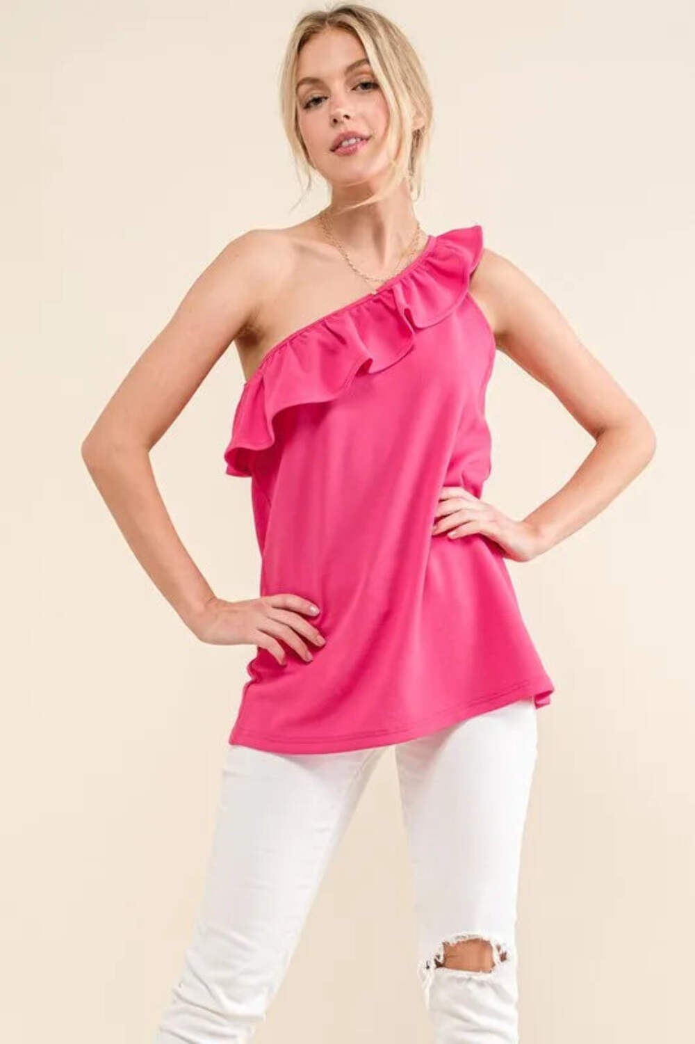 And The Why Hot Pink Ruffle One Shoulder Sleeveless Tank Top