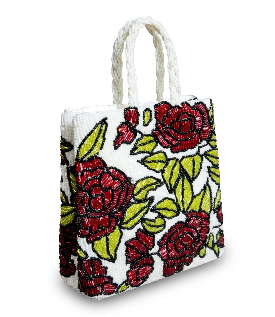 Handmade Beaded Floral Tote Bag, White Evening Handbag with Red Rose Detail