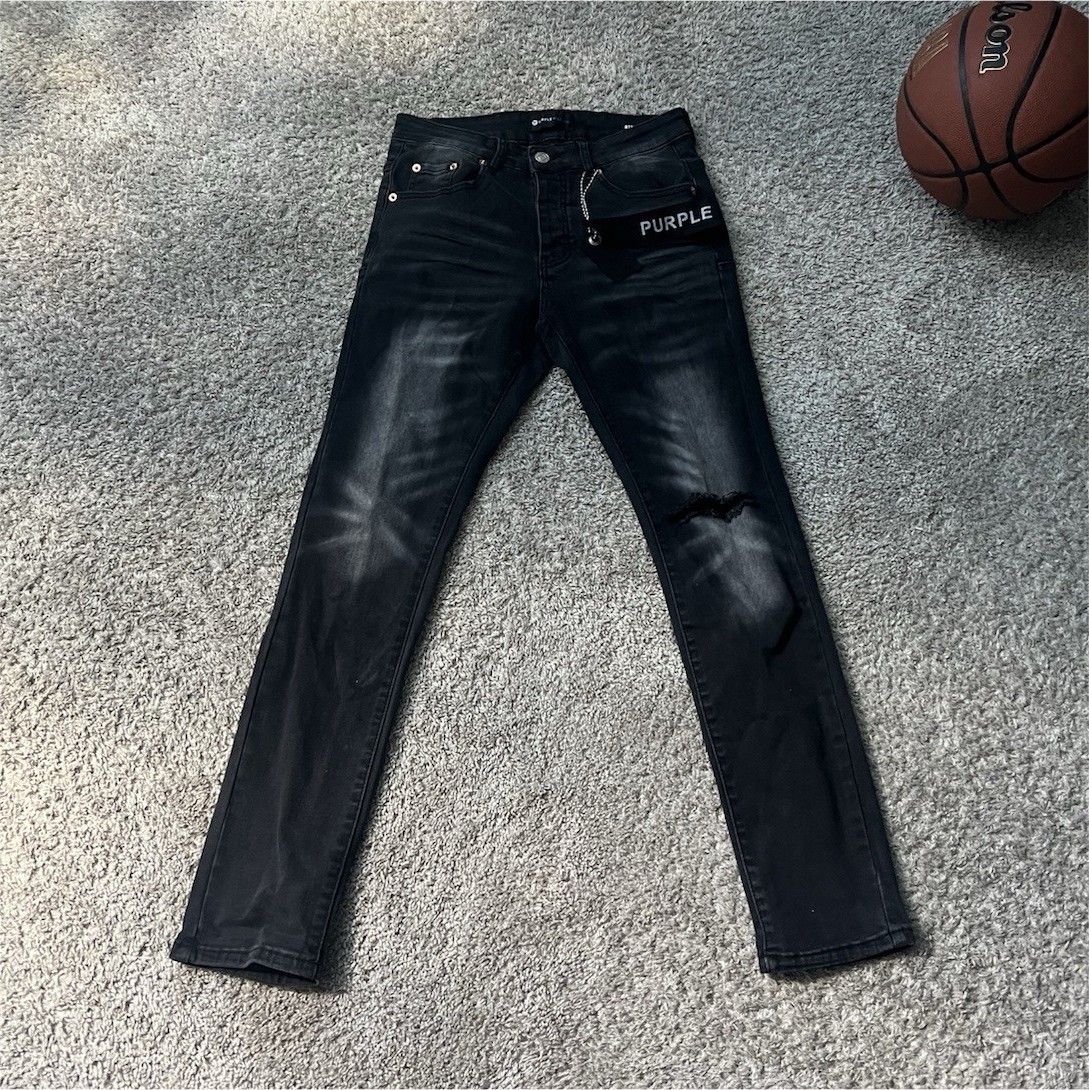 PURPLE Men’s Black Skinny Fit Dark Wash Denim Jeans Distressed 5-Pocket