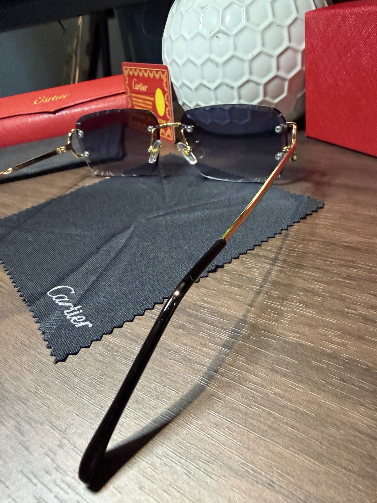 Cartier Big C Diamond Cut Frameless BLUE Lens Gold Frame
