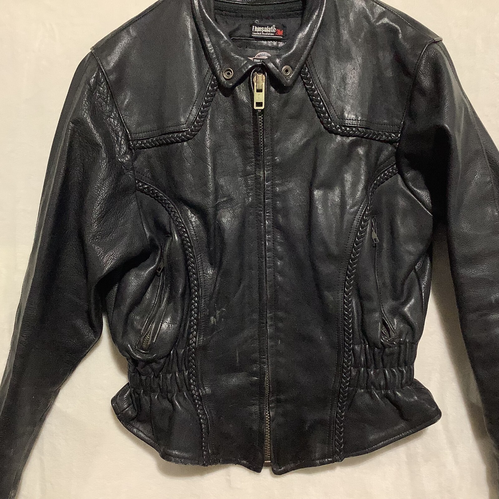VTG RARE Trim Leather Jacket Braid Thinsulate Heavy Motorcycle Biker Liner 90s L