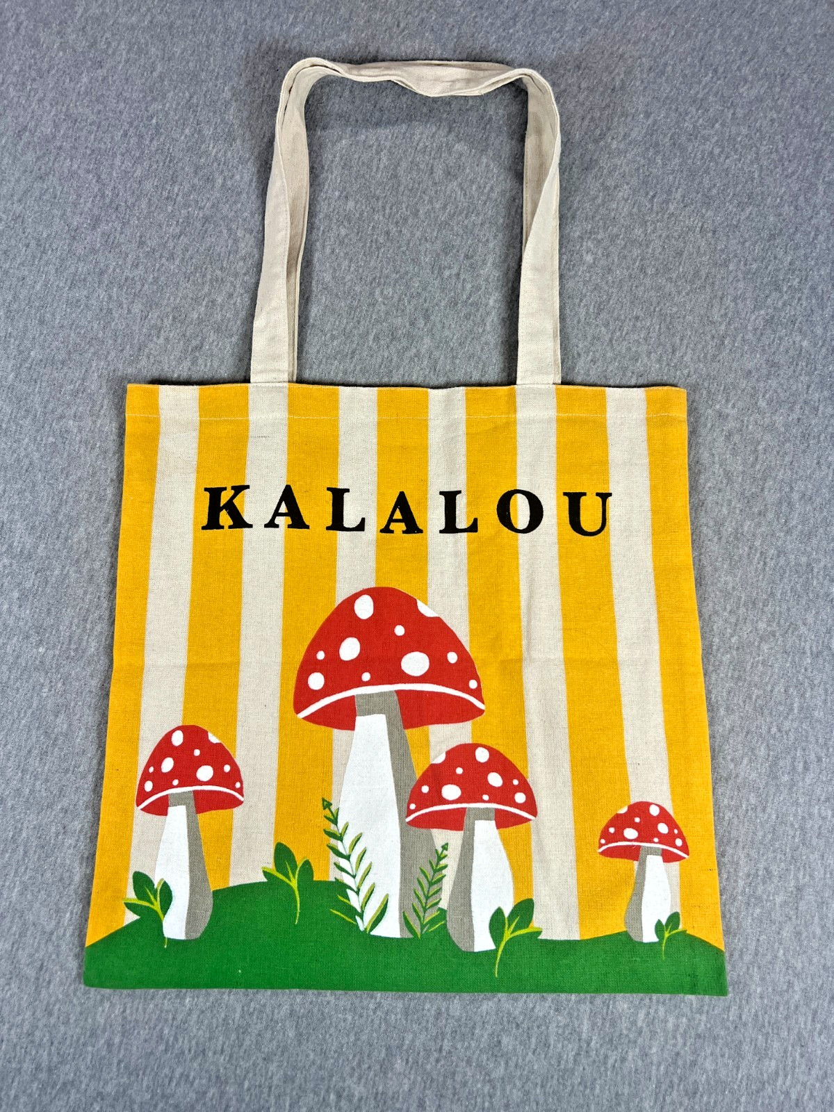 Kalalou Women’s Canvas Tote Bag Yellow White Striped Red Mushroom Graphic Large