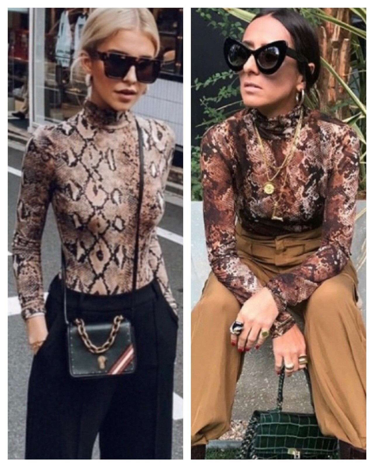 DEFECT Zara Sheer Mesh Snake Skin Animal Print Long Sleeve Shirt Mock Neck Y2K