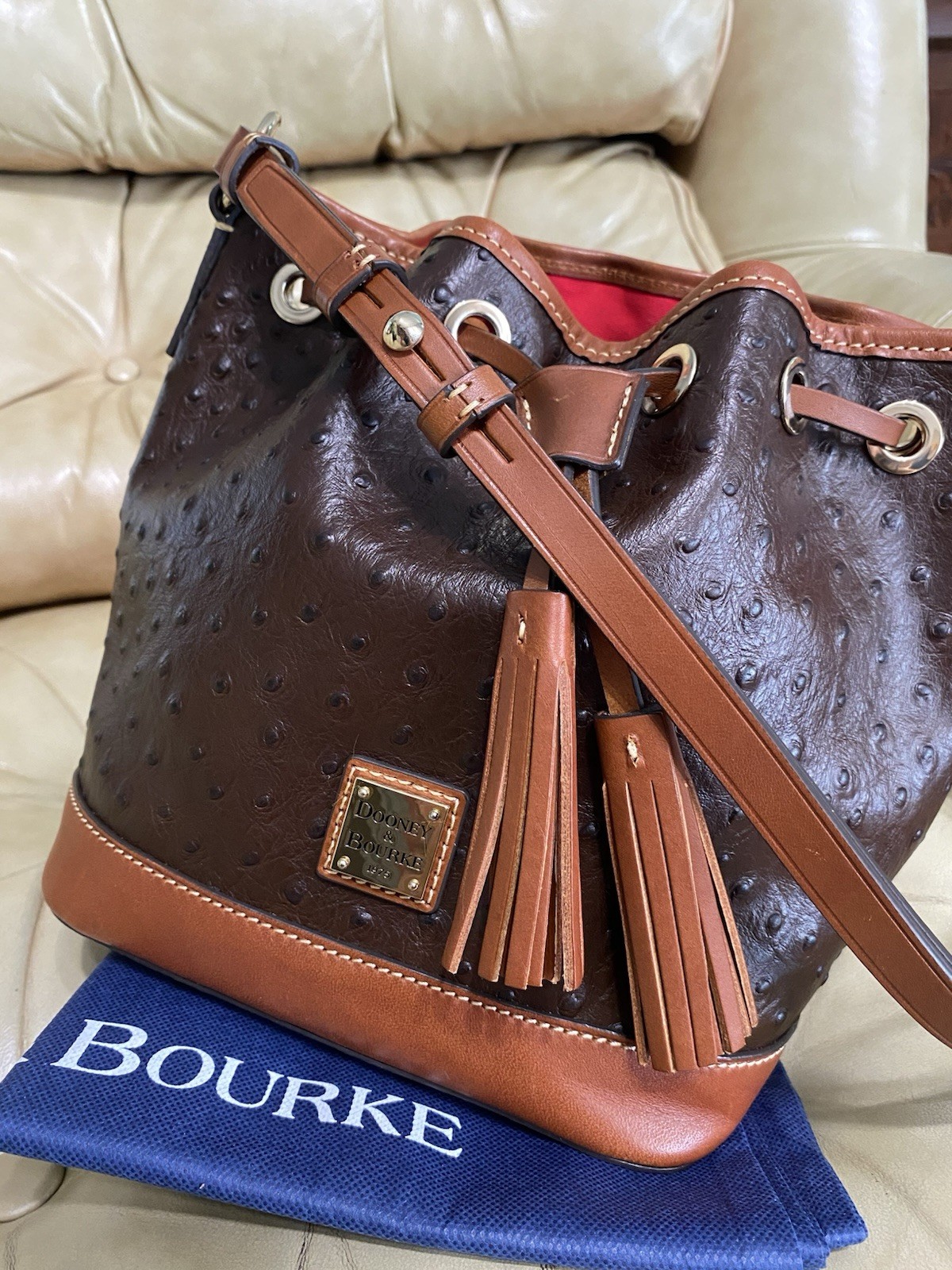 Dooney & Bourke Ostrich Small Drawstring Shoulder Bag Leather Bucket