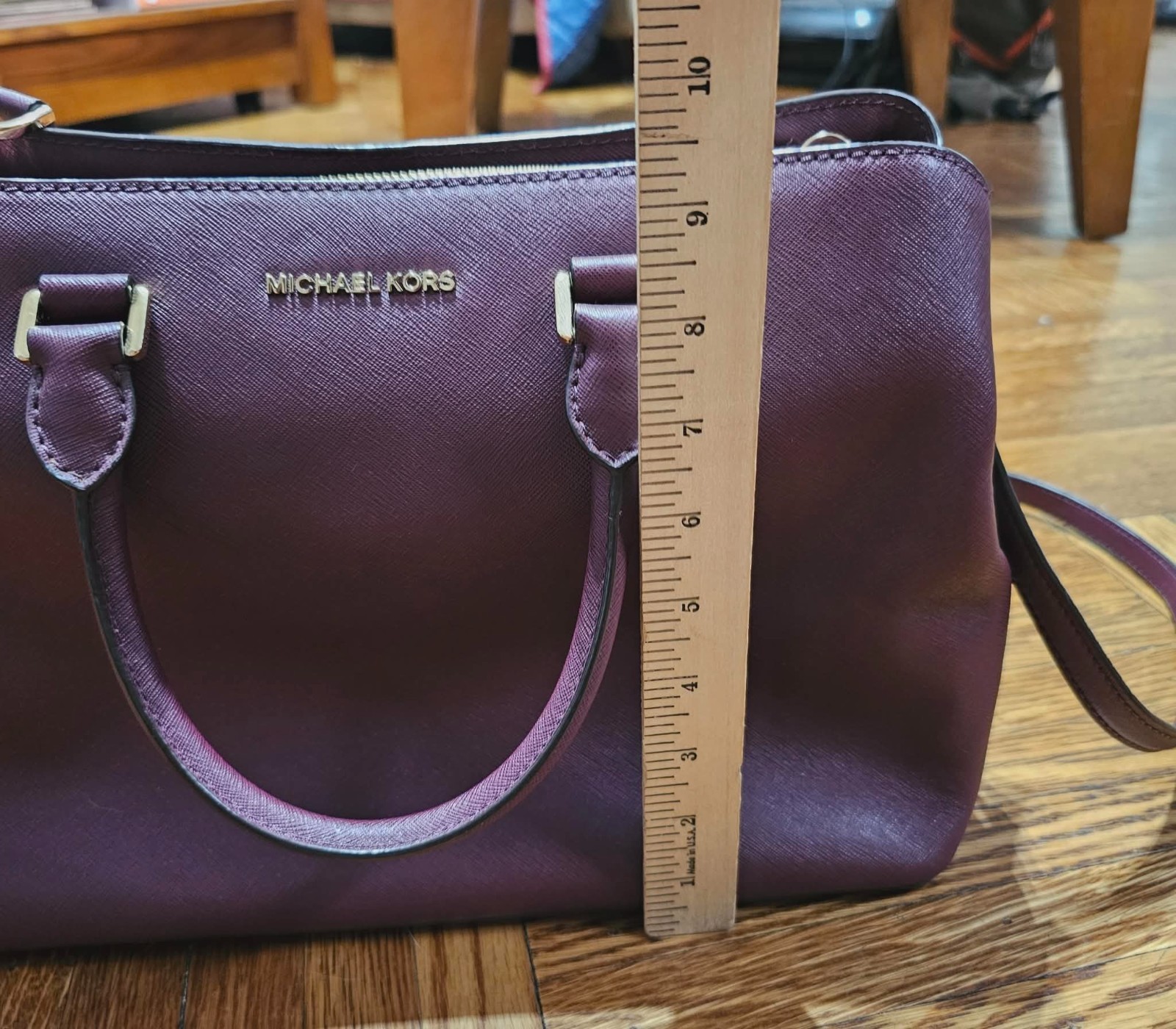 Michael Kors Savannah Large Satchel Burgundy Saffiano Leather Crossbody Bag Gold