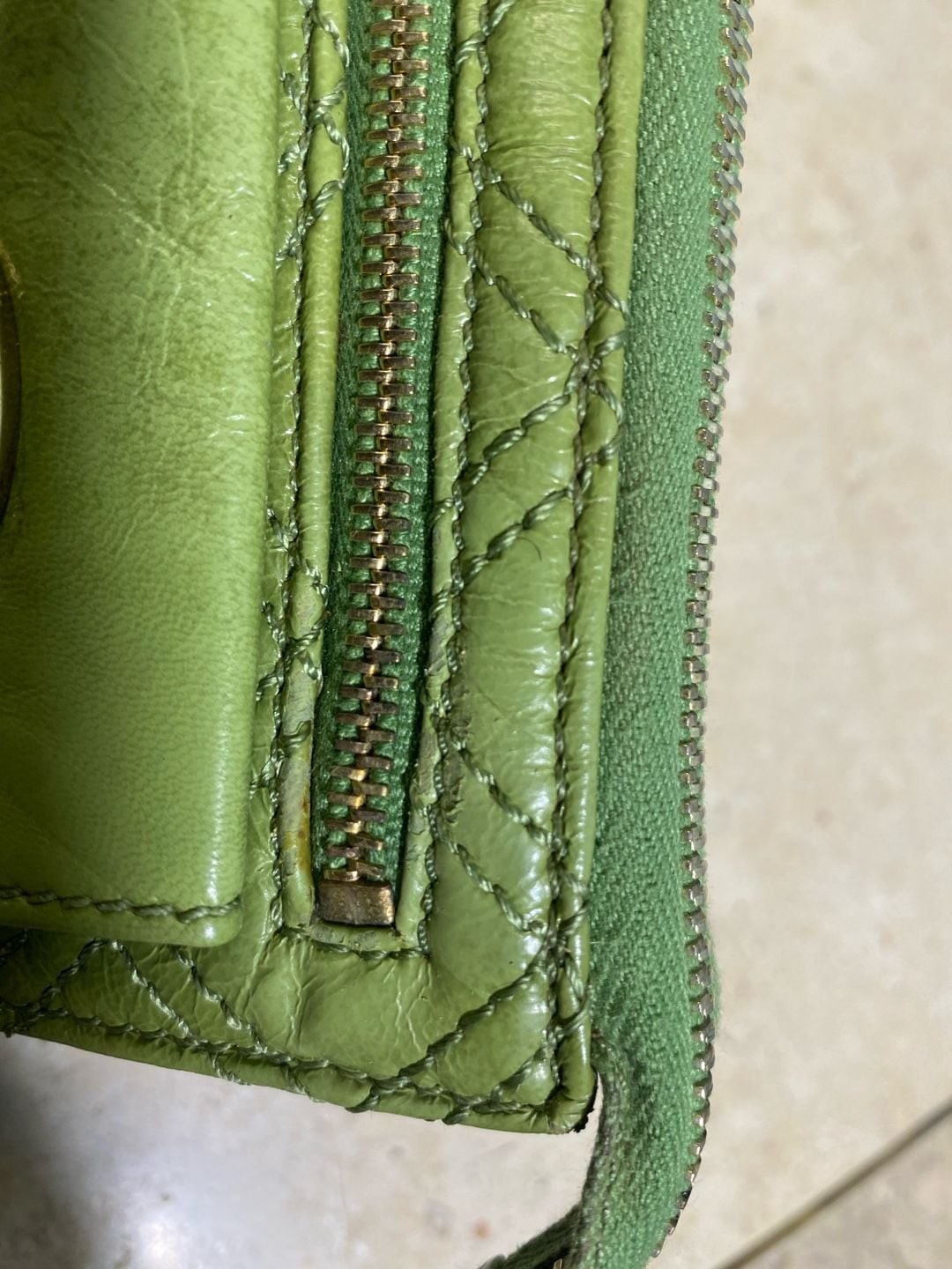 Marc Jacobs Vintage Green Quilted Leather Push Lock Double Pocket Zip Wallet