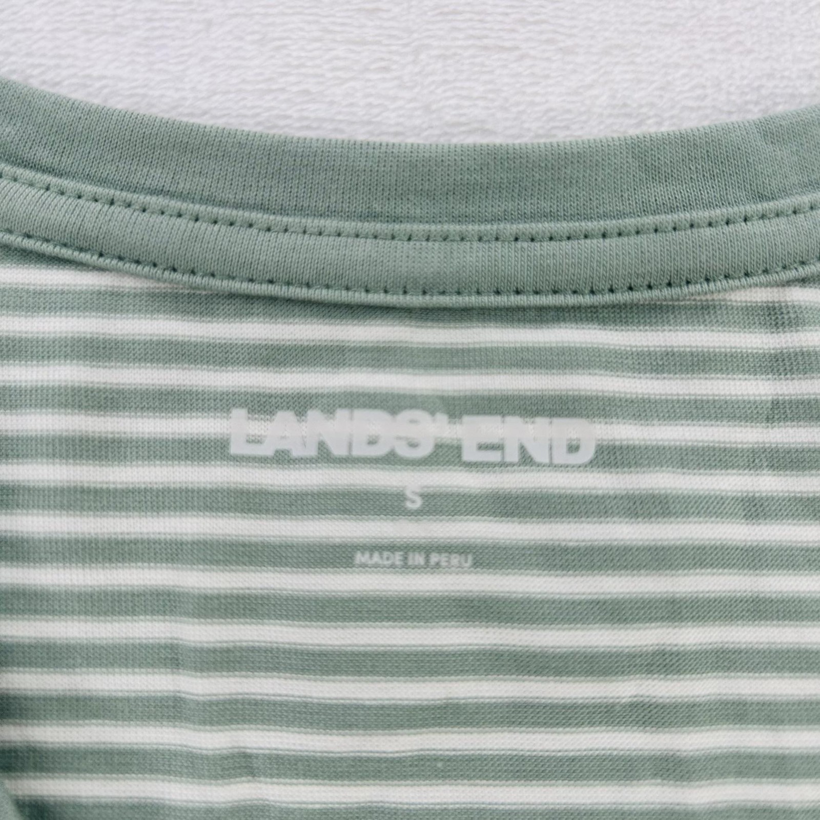 Lands End Shirt Womens Small Green White Stripe Supima V Neck Tee Cotton NEW