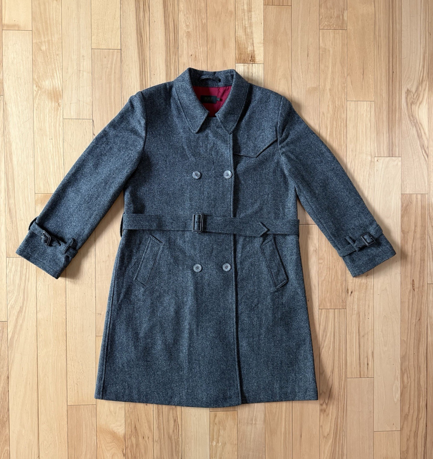 Pure Collection Gray Herringbone 90% Wool & 10% Cashmere Trench Coat