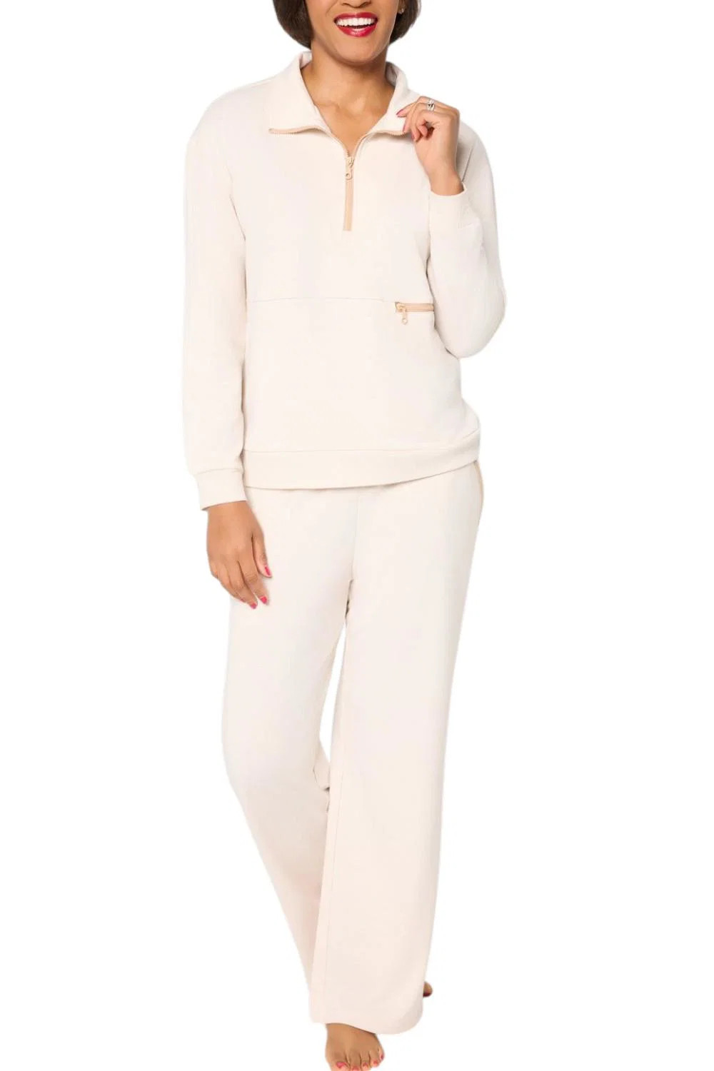 MUK LUKS Women’s French Terry Quarter Zip and Pant Lounge Set Cream