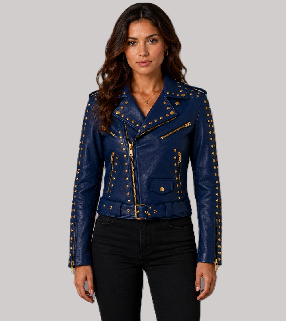 Women Leather Studded Jacket – Handmade Slim Fit – Gold Zip Moto Biker Coat