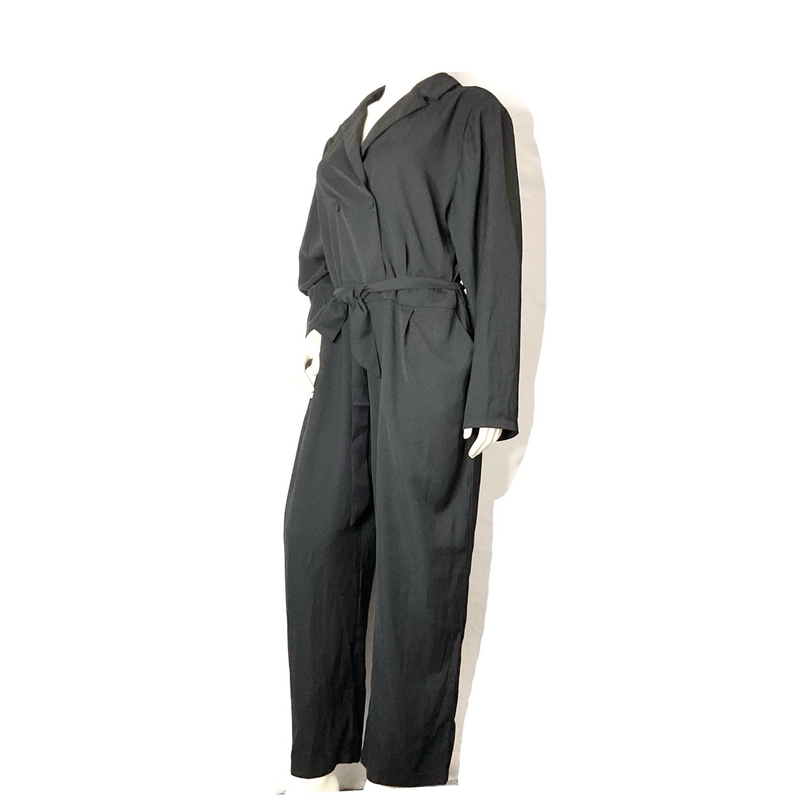 Black Collared Long Sleeve Button Belted Straight Leg Jumpsuit Size XXL
