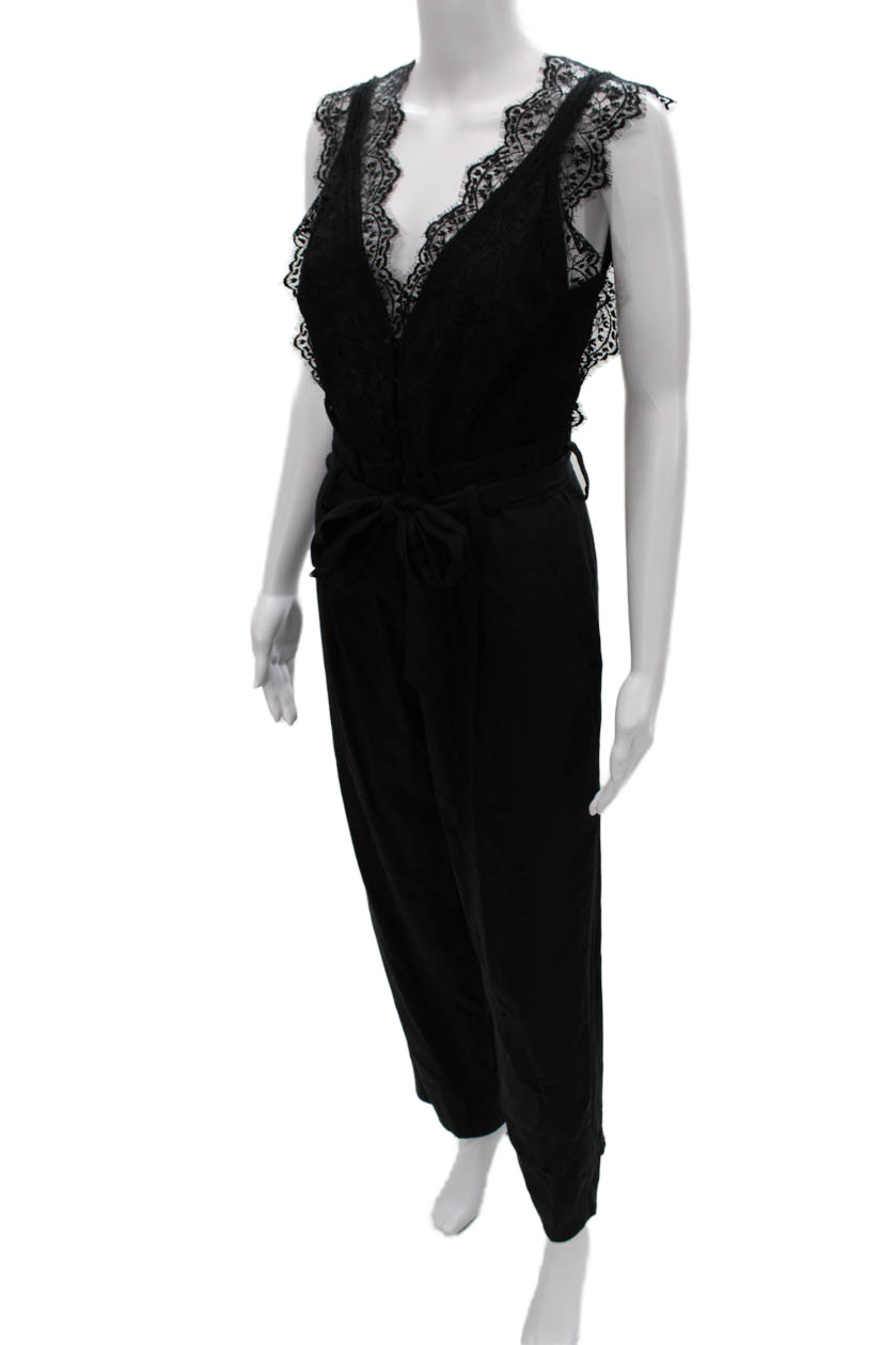 Sandro Womens Jumpsuit Black V-Neck Sleeveless Tie Lyocell Size 36