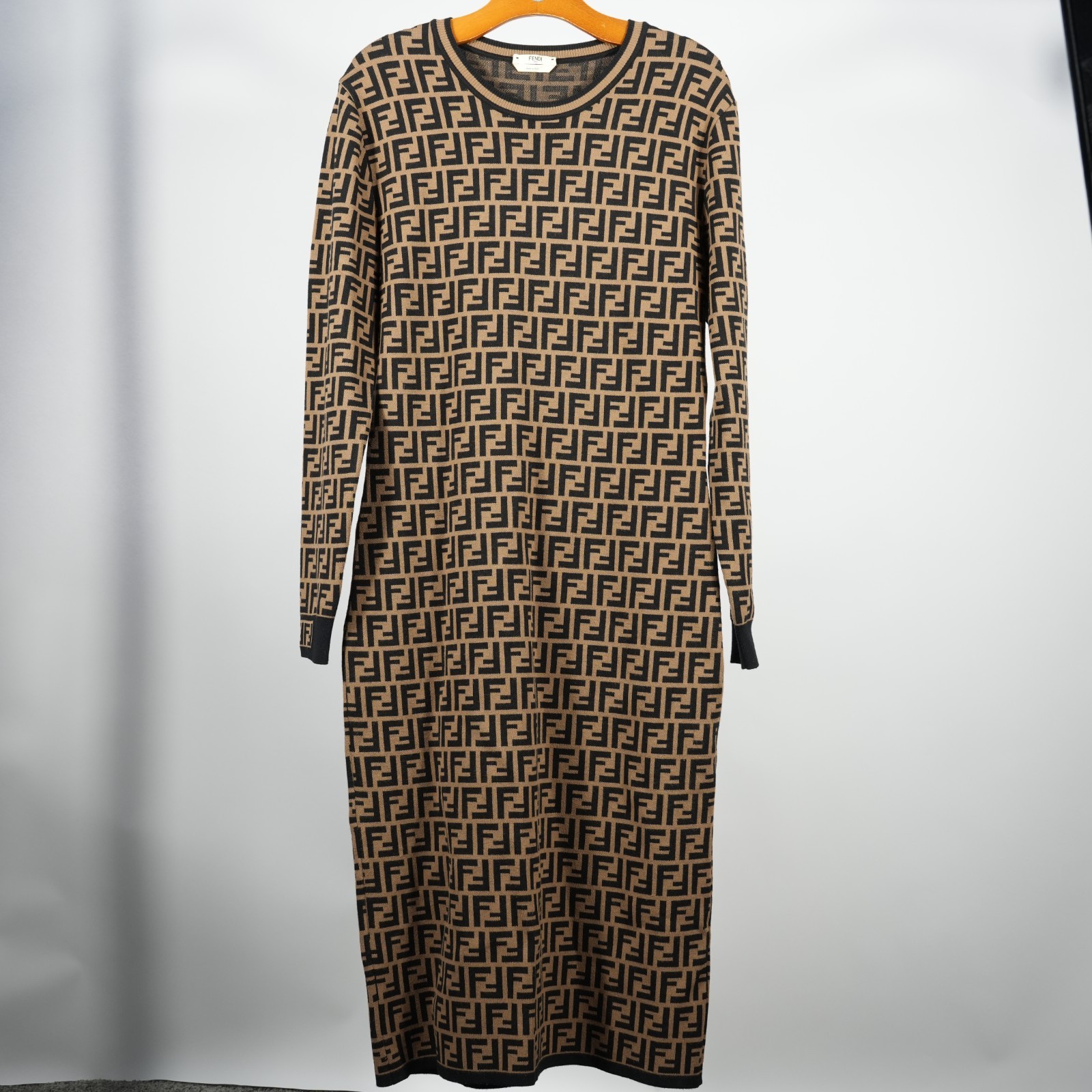 Fendi FF Zucca Maxi Dress Viscose Knitted Brown Black Size 14 US