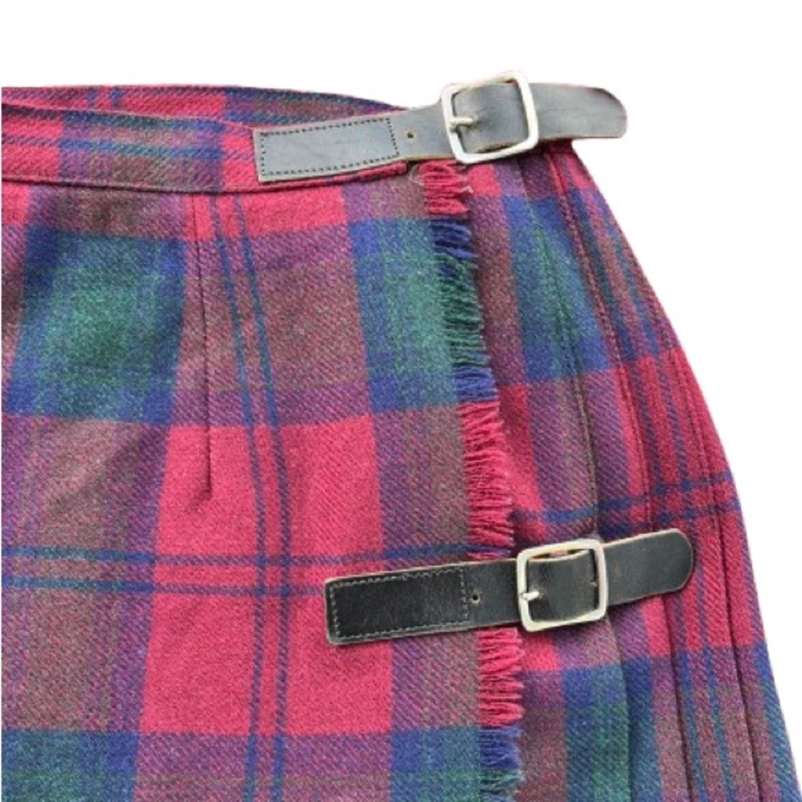 Vintage Pleated Plaid Skirt Mini Red Buckle Fringe Purple Scottish Tartan Large