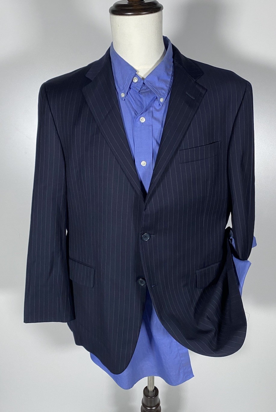 Hickey Freeman Milburn 44S Navy Pinstripe Wool 2pc Suit Jacket Pants W40 X L29
