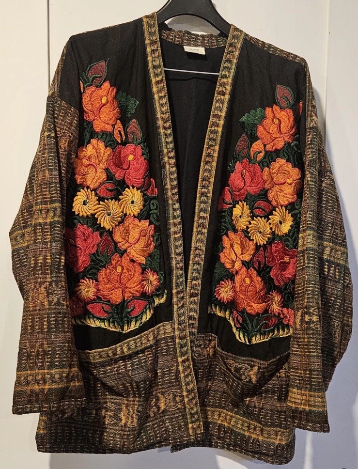 Guatemalan Embroidered Floral Open Jacket Pockets Multicolor On Black Size Large