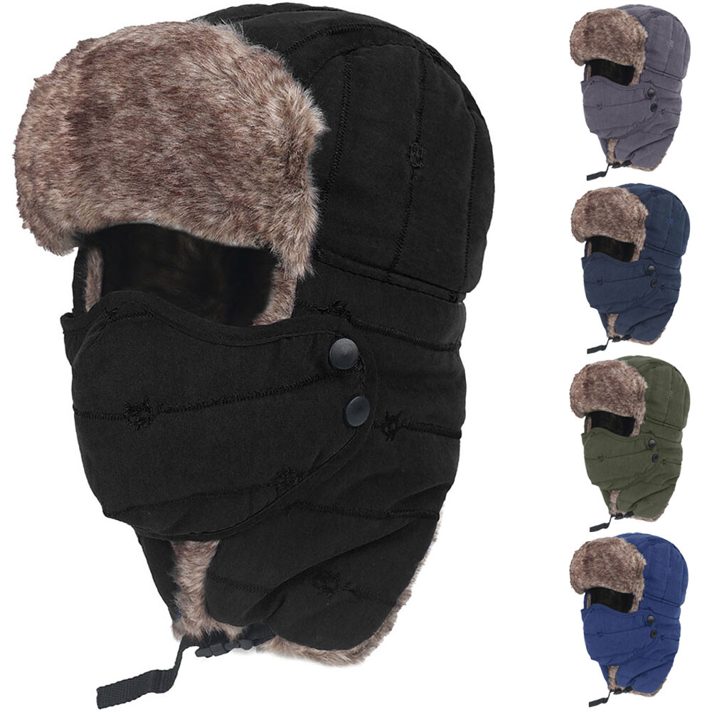 Winter Ski Hat with Ear Flap Removable Face Mask Windproof Faux Fur Hunting Hat