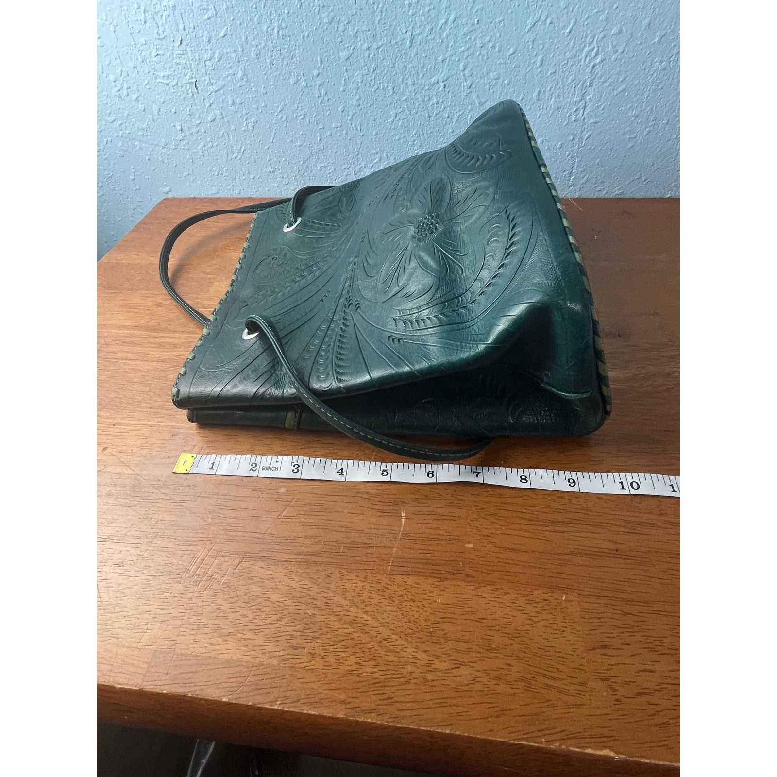 Tooled Leather Purse Green Floral Handmade in Paraguay Handmade Boho Western