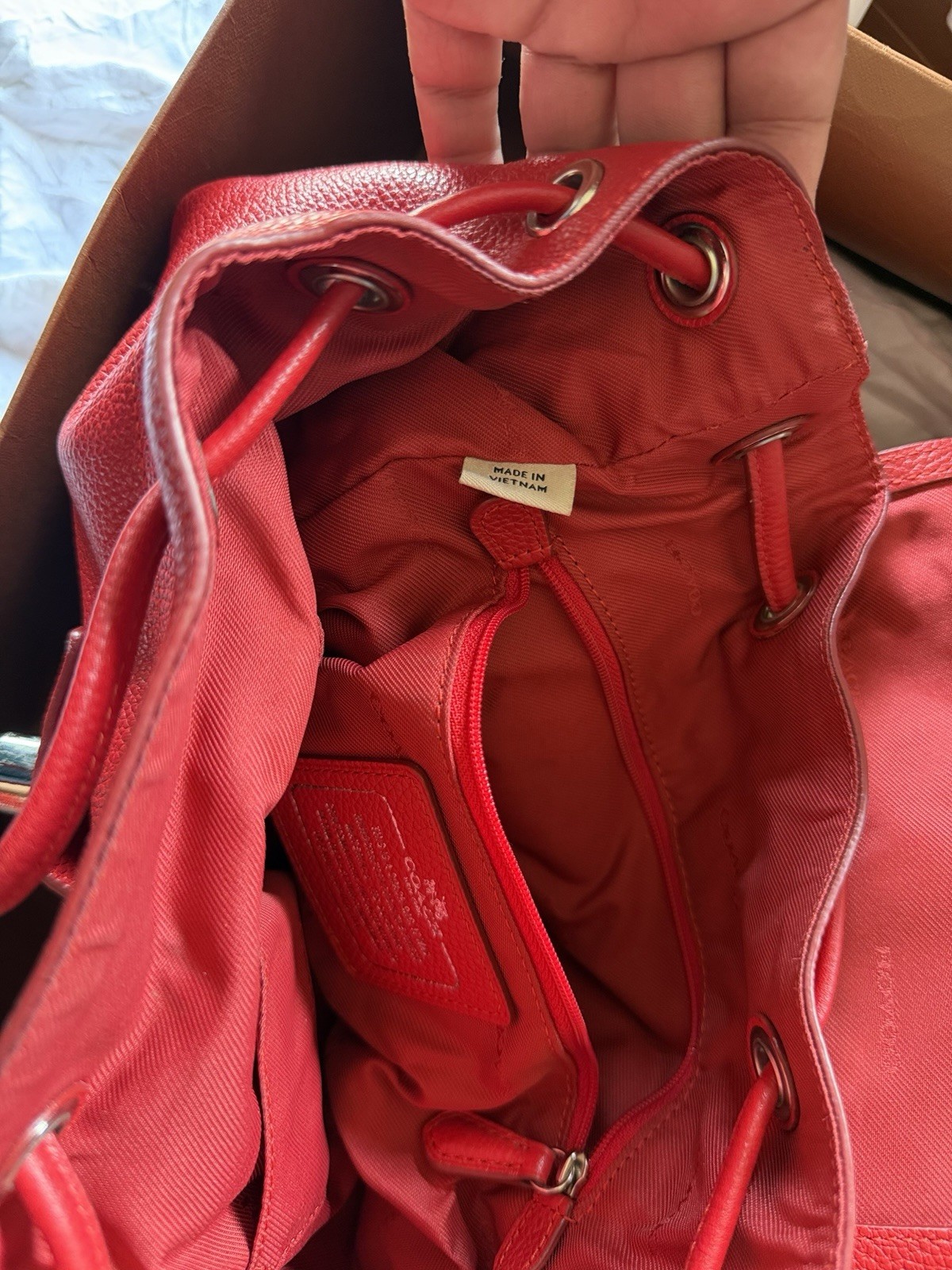 Coach Women’s Red Medium Backpack Pebbled Drawstring Turnlock Pockets Dust Bag