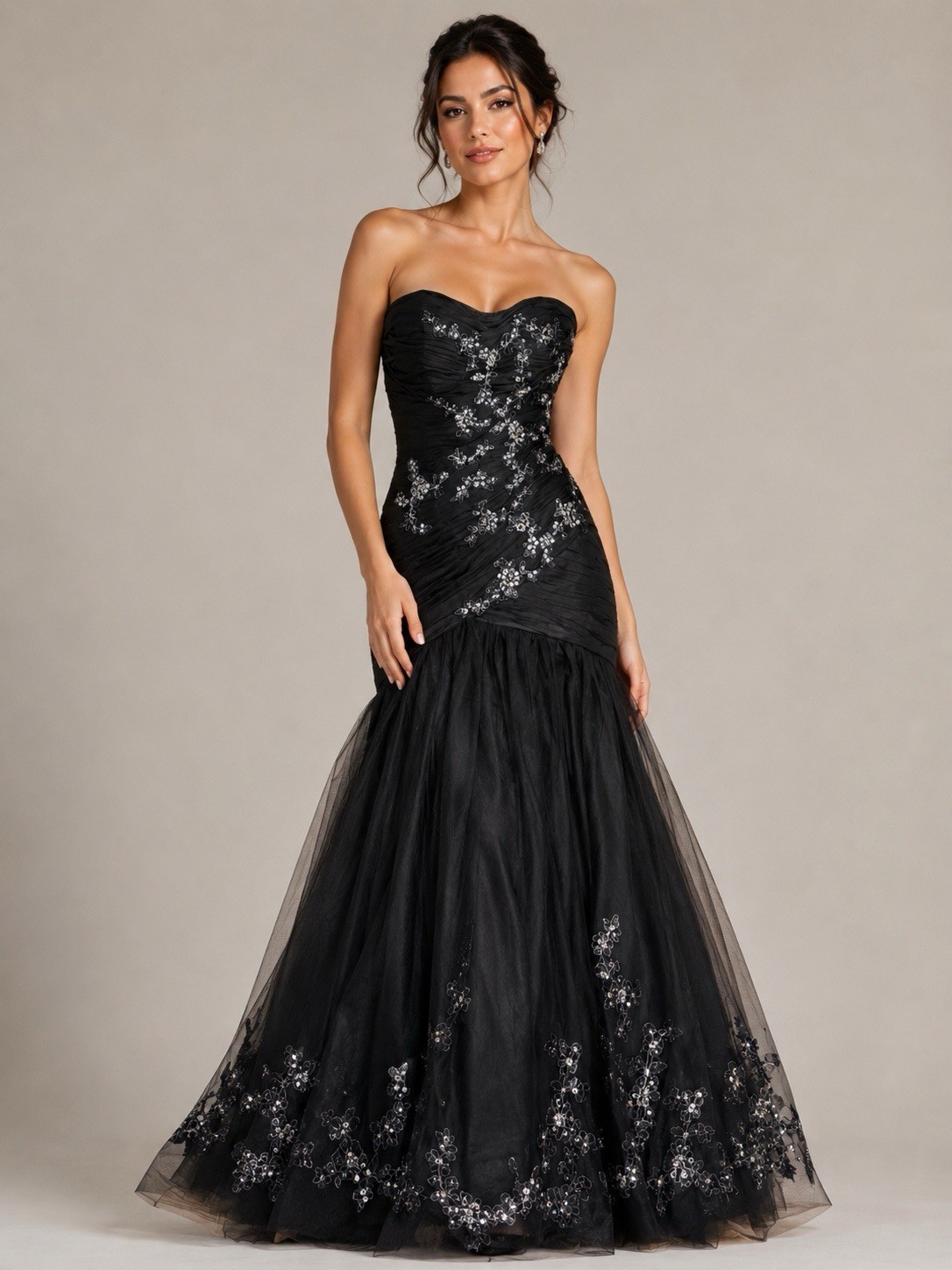 ALBERTO MAKALI StraplessBlack Mermaid Gown with Silver Embellishment-Size 10