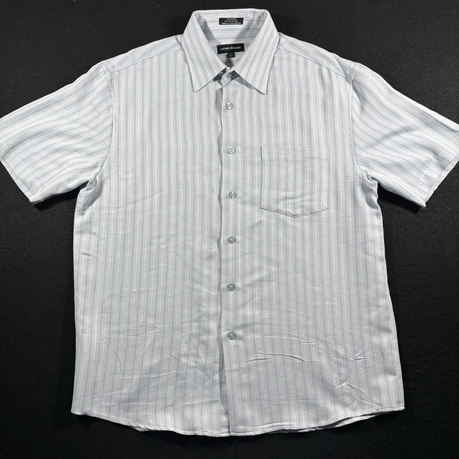 Michael Brandon Rayon Blend Camp Shirt Men’s L Blue Stripe Button Up 16.5