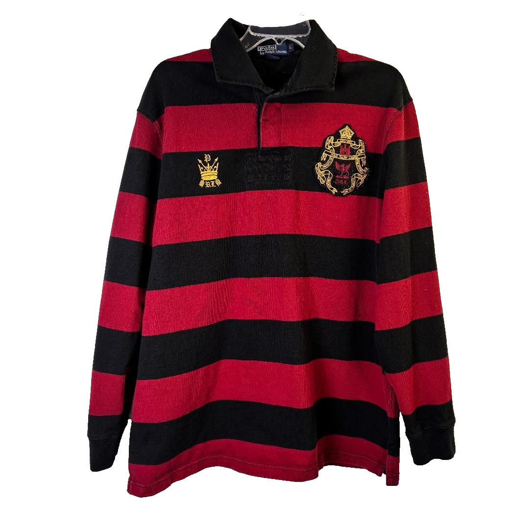 Polo Ralph Lauren Rugby Shirt Mens Large Red Black Stripe Crest #5 Vintage