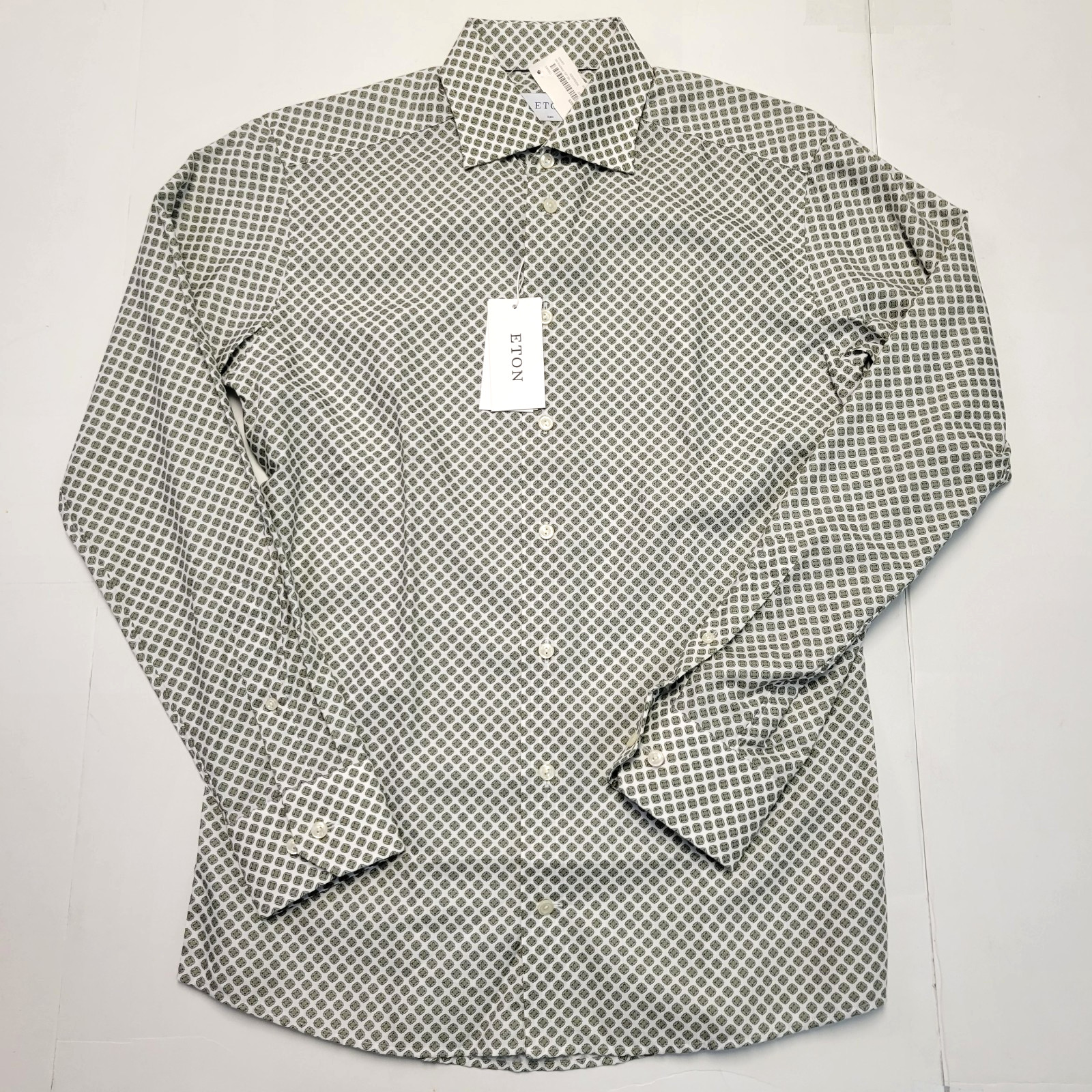 $285 New ETON Slim Fit Button Flex Sport Shirt Men 15.5 EU 39 M Green GEOMETRIC