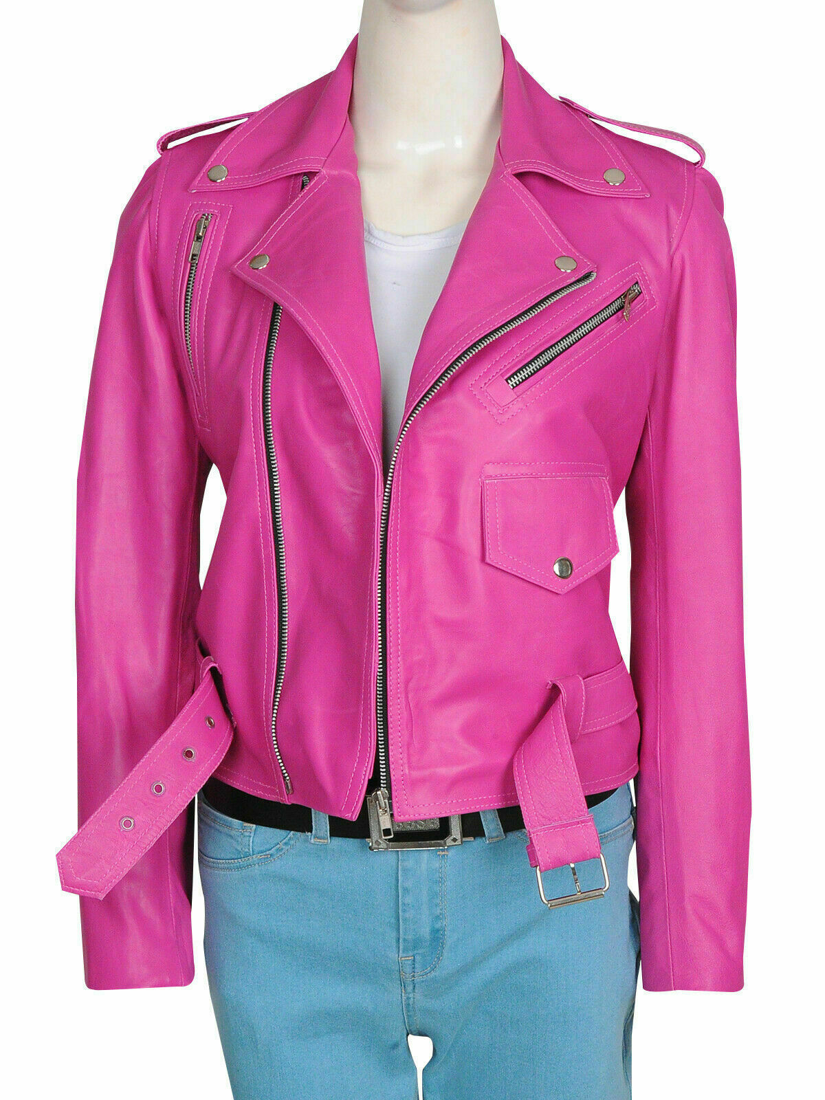 Women’s Pink Leather Motorcycle Jacket Genuine Lambskin Belted Biker Moto Coat