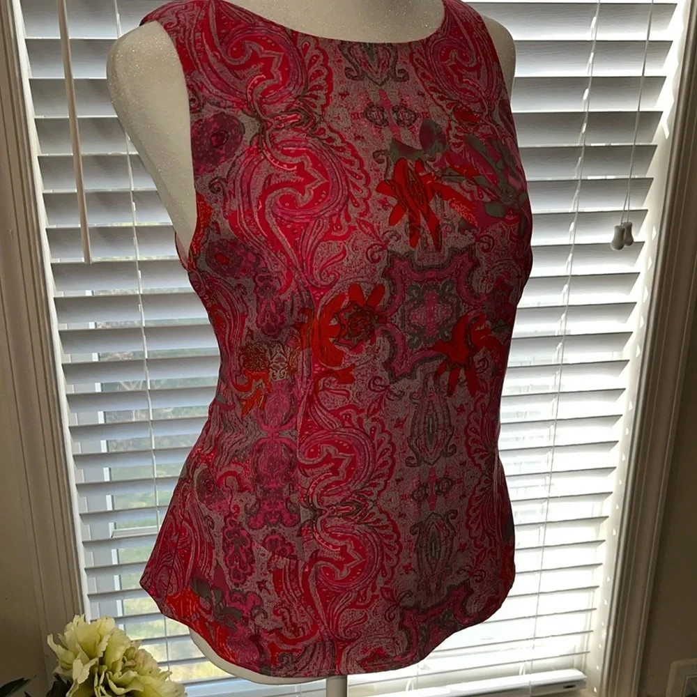 CaBi Paisley dressy pink, gray, orange & red back zip, lined tank top size small