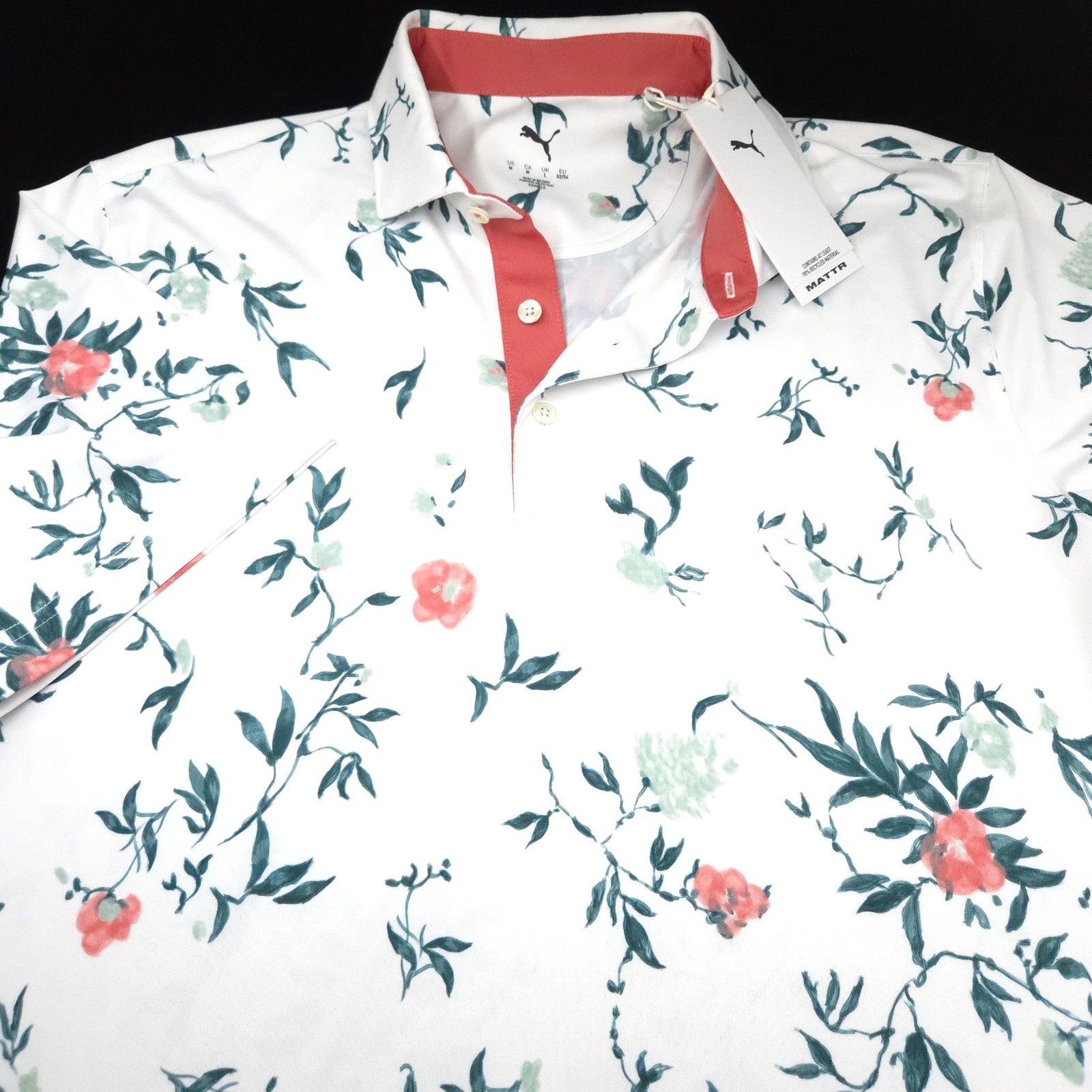 Puma Polo Shirt Golf -M- White Green Red Floral Dot -STRETCH Lisle Performance