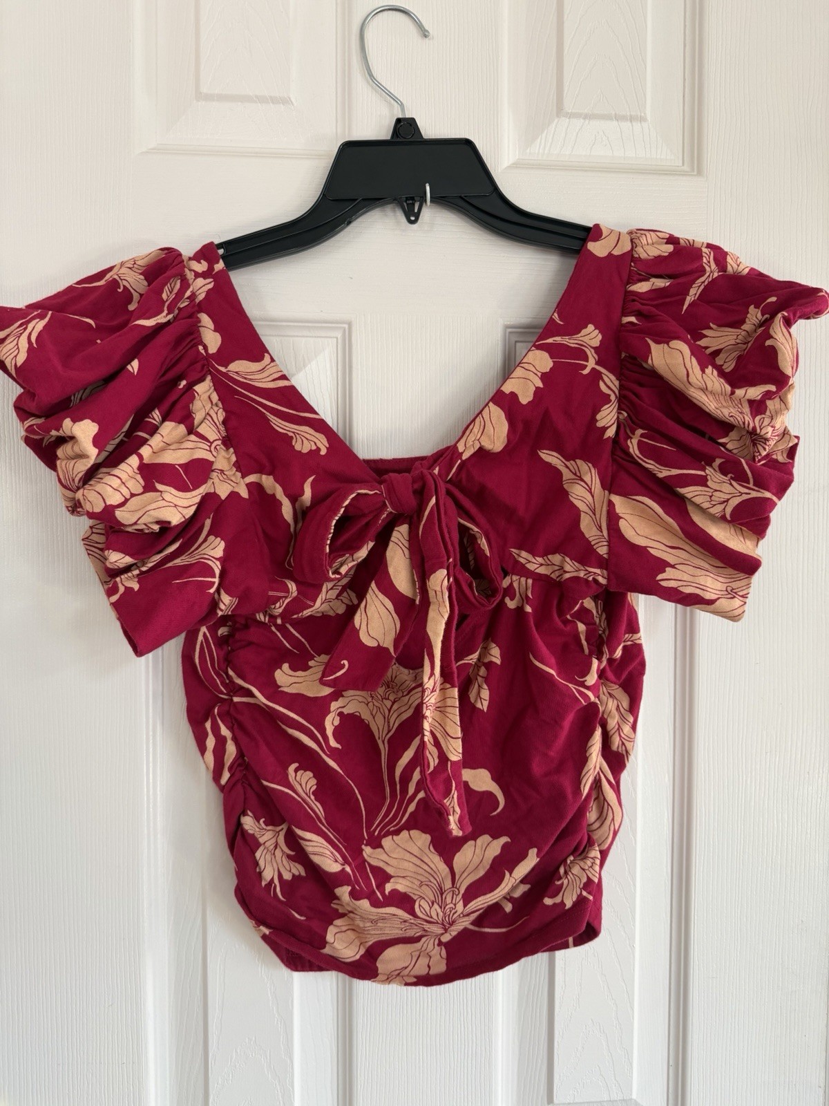 Express Women’s Red cream Floral Puff-Sleeve crop Top shirt S y2k square neck