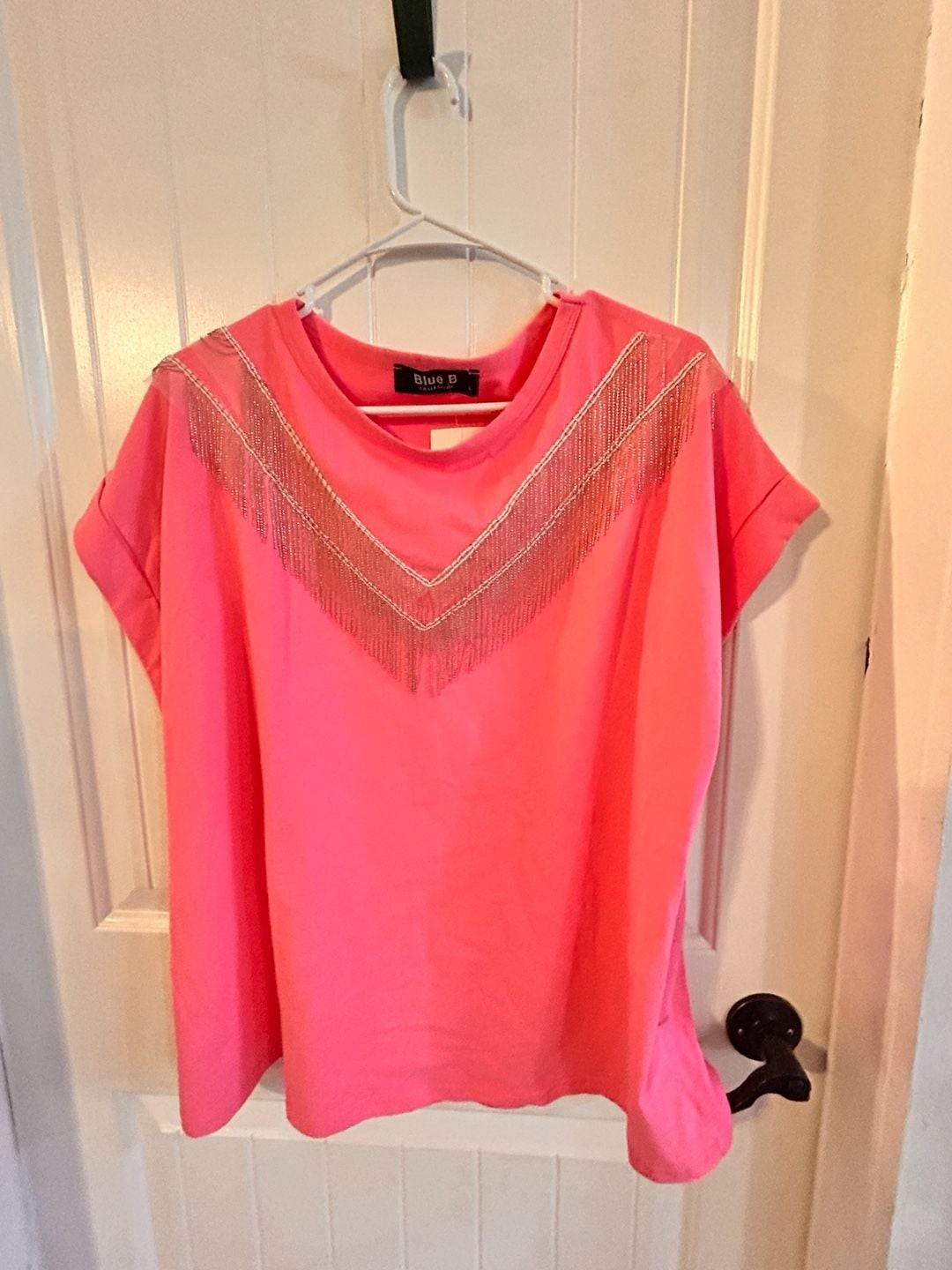Blue B Collection Ordinary Girl Pink Short Sleeve Top with Bead Fringe V-Detail