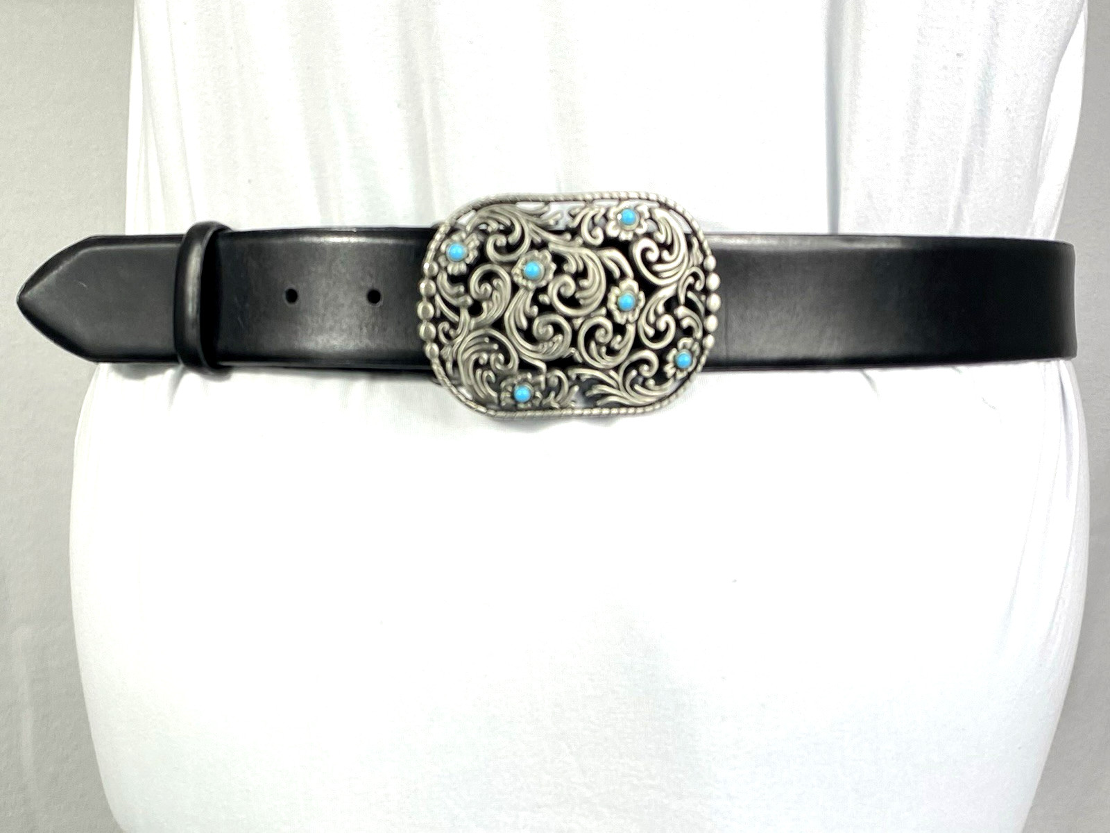 Faux Turquoise Silver Embossed Womens Black Belt Size L 45 inches Bonded Leather
